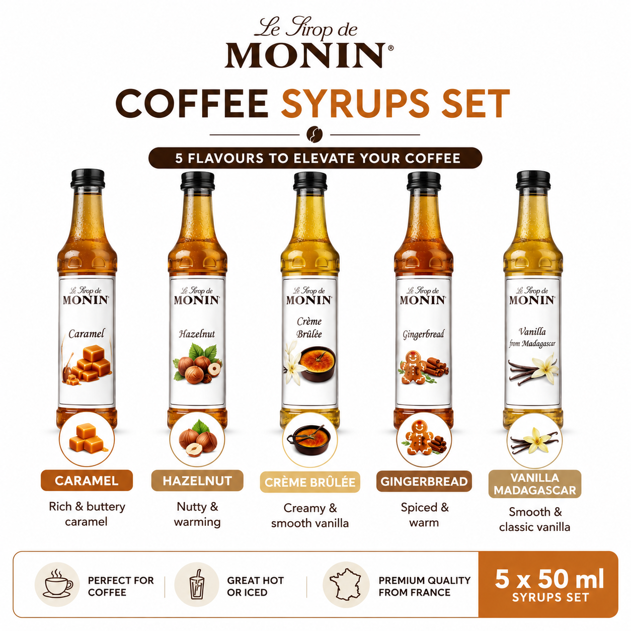 Monin Coffee Syrups Gift Set featuring assorted flavoured syrups. Premium beverage ingredient for coffee shops, hospitality venues, foodservice operators and workplace coffee stations.