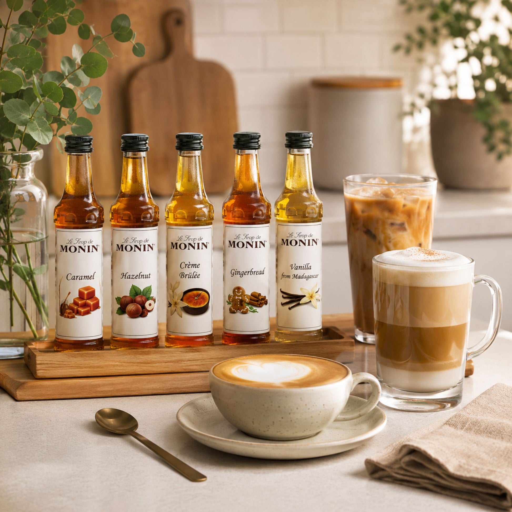 Monin Coffee Syrups Gift Set featuring assorted flavoured syrups. Premium beverage ingredient for coffee shops, hospitality venues, foodservice operators and workplace coffee stations.