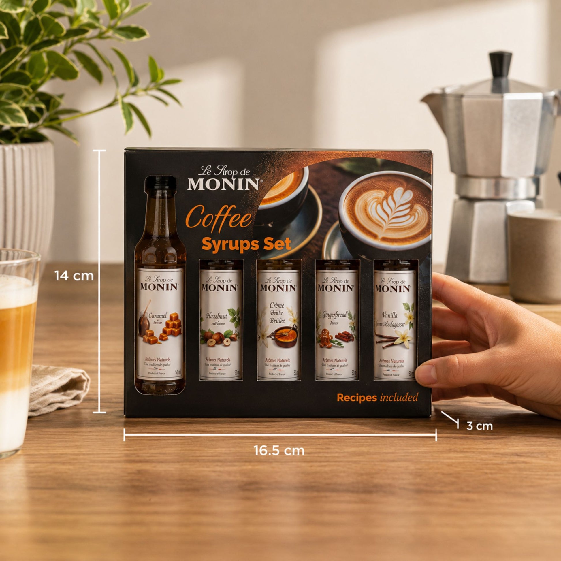 Monin Coffee Syrups Gift Set featuring assorted flavoured syrups. Premium beverage ingredient for coffee shops, hospitality venues, foodservice operators and workplace coffee stations.