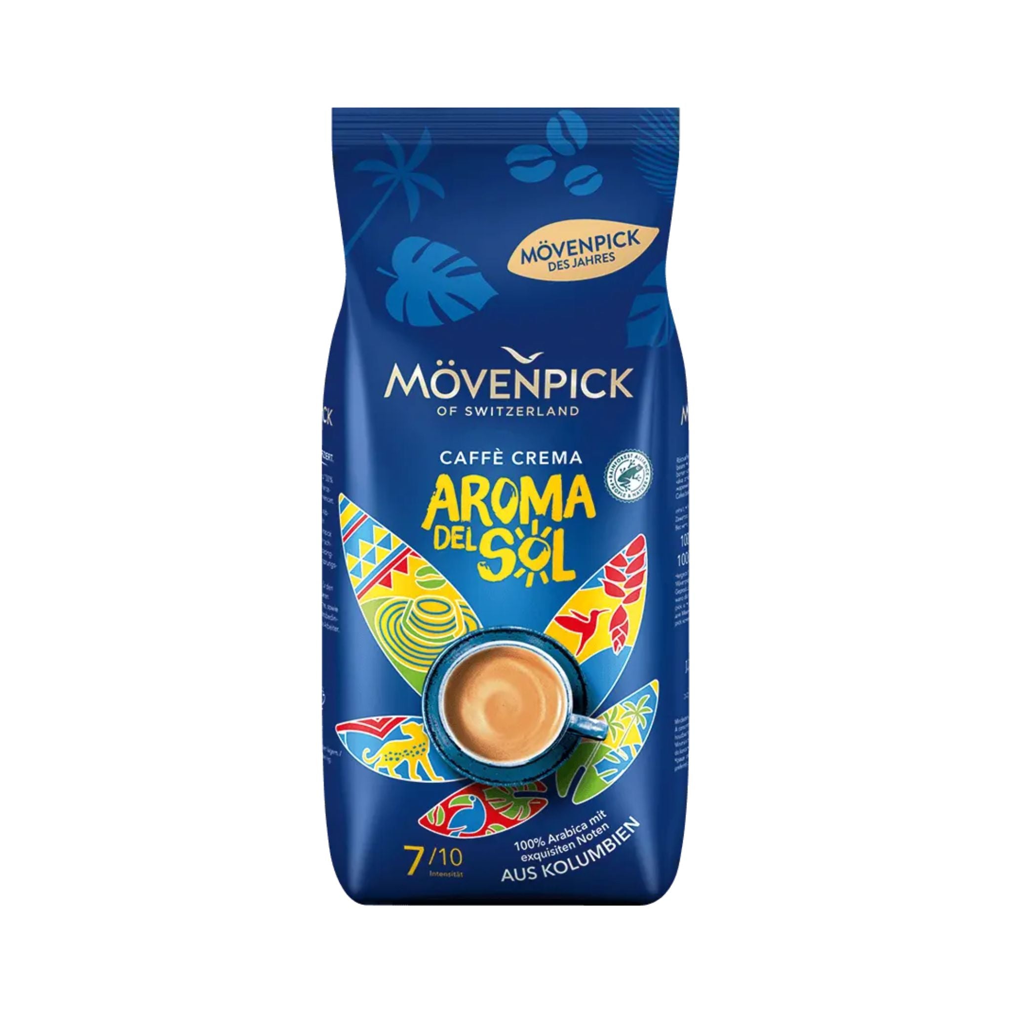 GardenState Mövenpick Aroma del Sol Whole Coffee Beans 1kg – medium roast, intensity 7/10. Premium Arabica blend from Colombia & Brazil with chocolaty sweetness, hazelnut notes, and full-bodied flavour. Limited edition.
