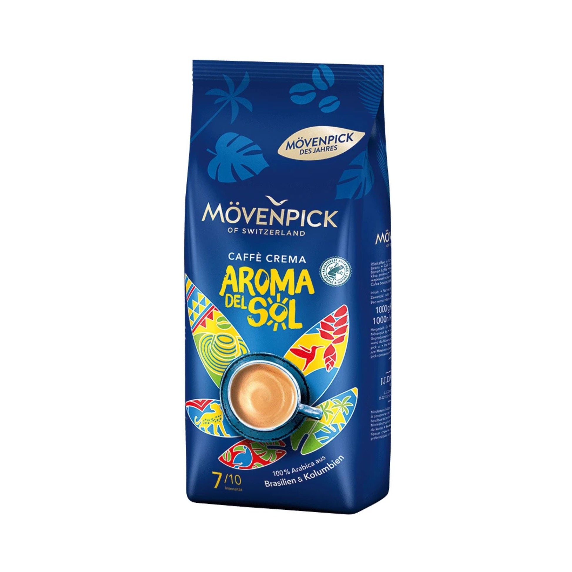 GardenState Mövenpick Aroma del Sol Whole Coffee Beans 1kg – medium roast, intensity 7/10. Premium Arabica blend from Colombia & Brazil with chocolaty sweetness, hazelnut notes, and full-bodied flavour. Limited edition.
