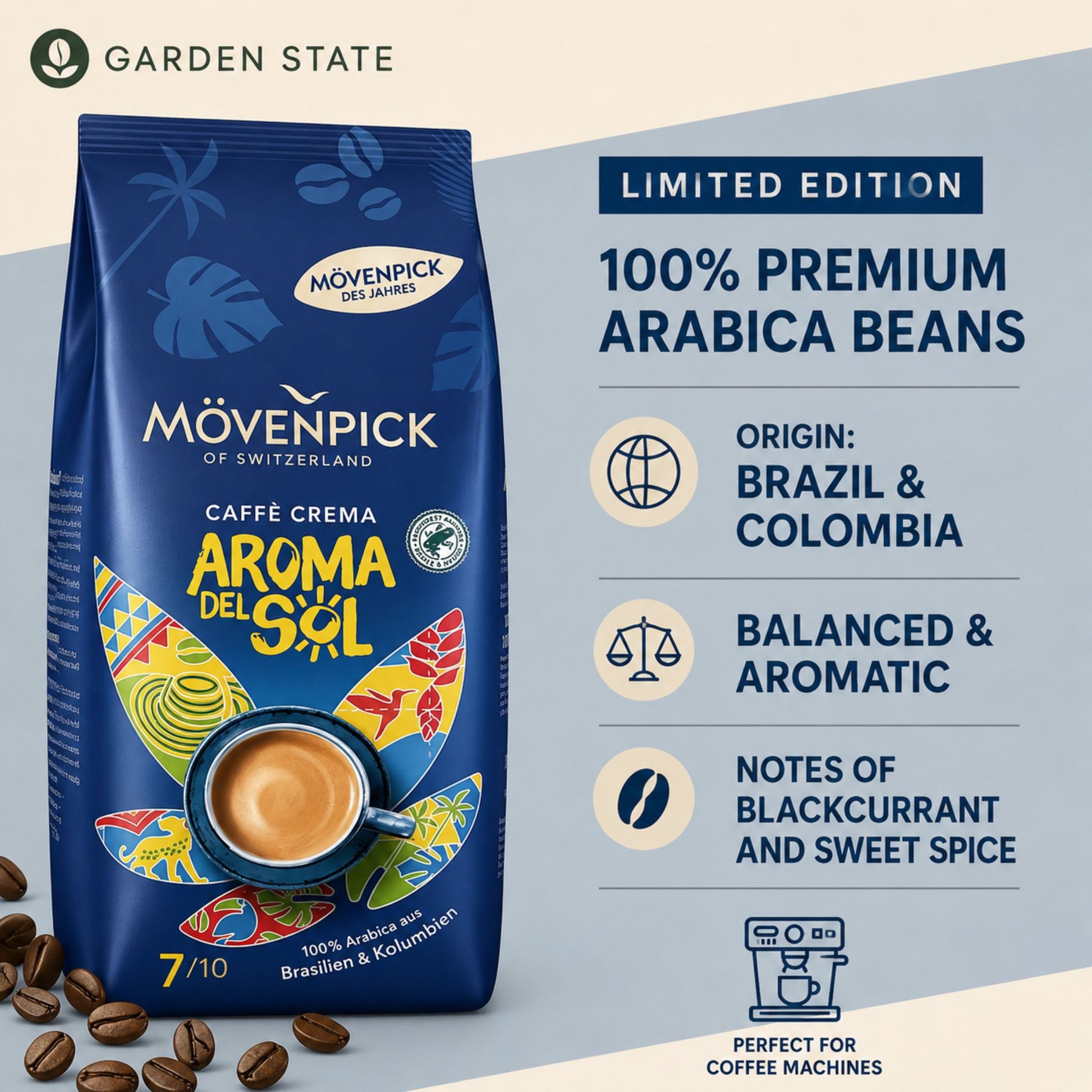 GardenState Mövenpick Aroma del Sol Whole Coffee Beans 1kg – medium roast, intensity 7/10. Premium Arabica blend from Colombia & Brazil with chocolaty sweetness, hazelnut notes, and full-bodied flavour. Limited edition.