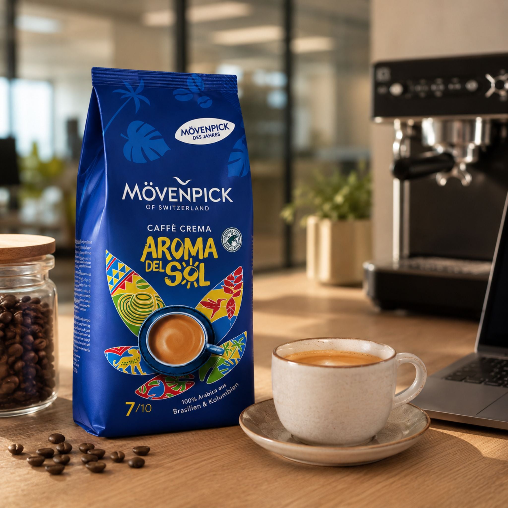 GardenState Mövenpick Aroma del Sol Whole Coffee Beans 1kg – medium roast, intensity 7/10. Premium Arabica blend from Colombia & Brazil with chocolaty sweetness, hazelnut notes, and full-bodied flavour. Limited edition.