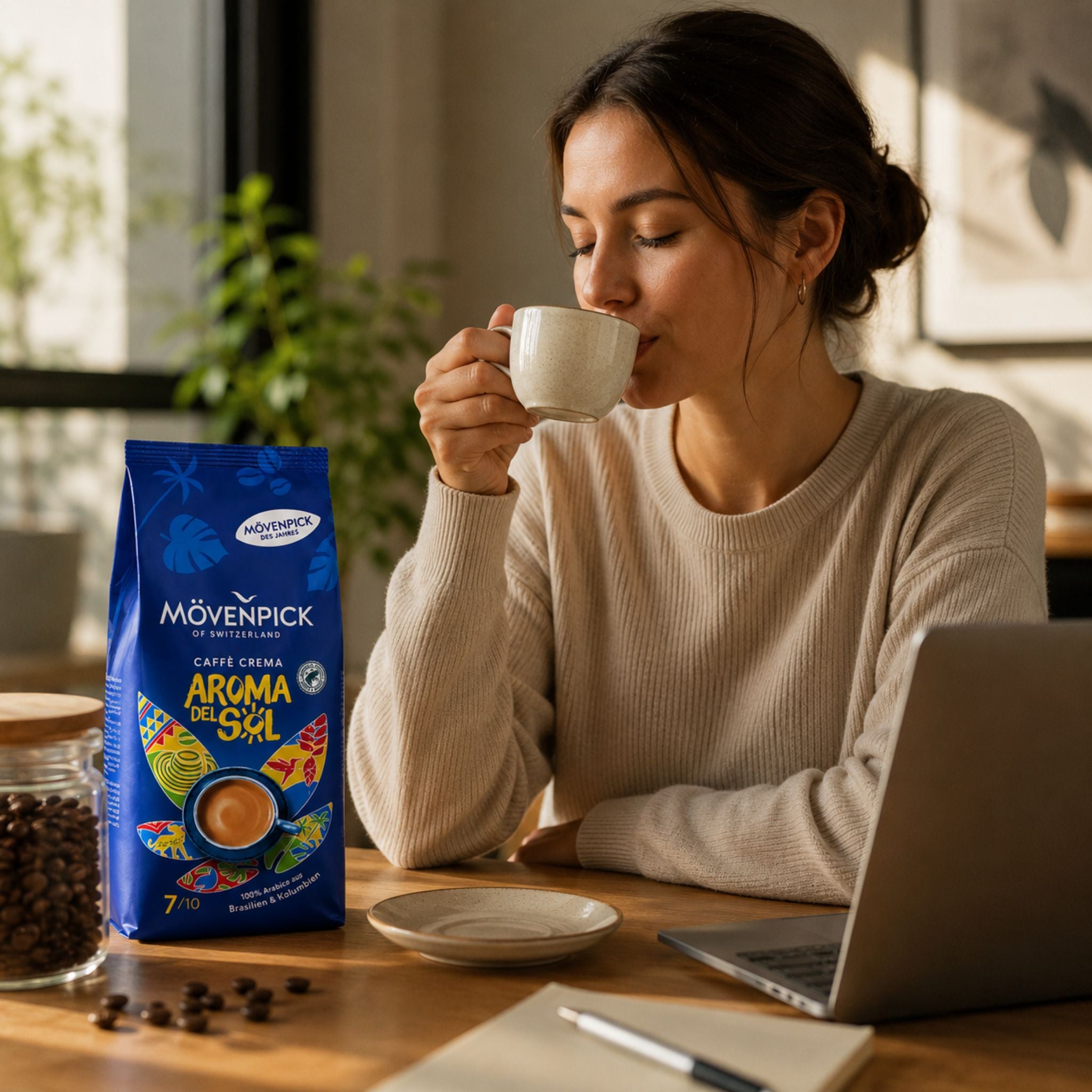 GardenState Mövenpick Aroma del Sol Whole Coffee Beans 1kg – medium roast, intensity 7/10. Premium Arabica blend from Colombia & Brazil with chocolaty sweetness, hazelnut notes, and full-bodied flavour. Limited edition.