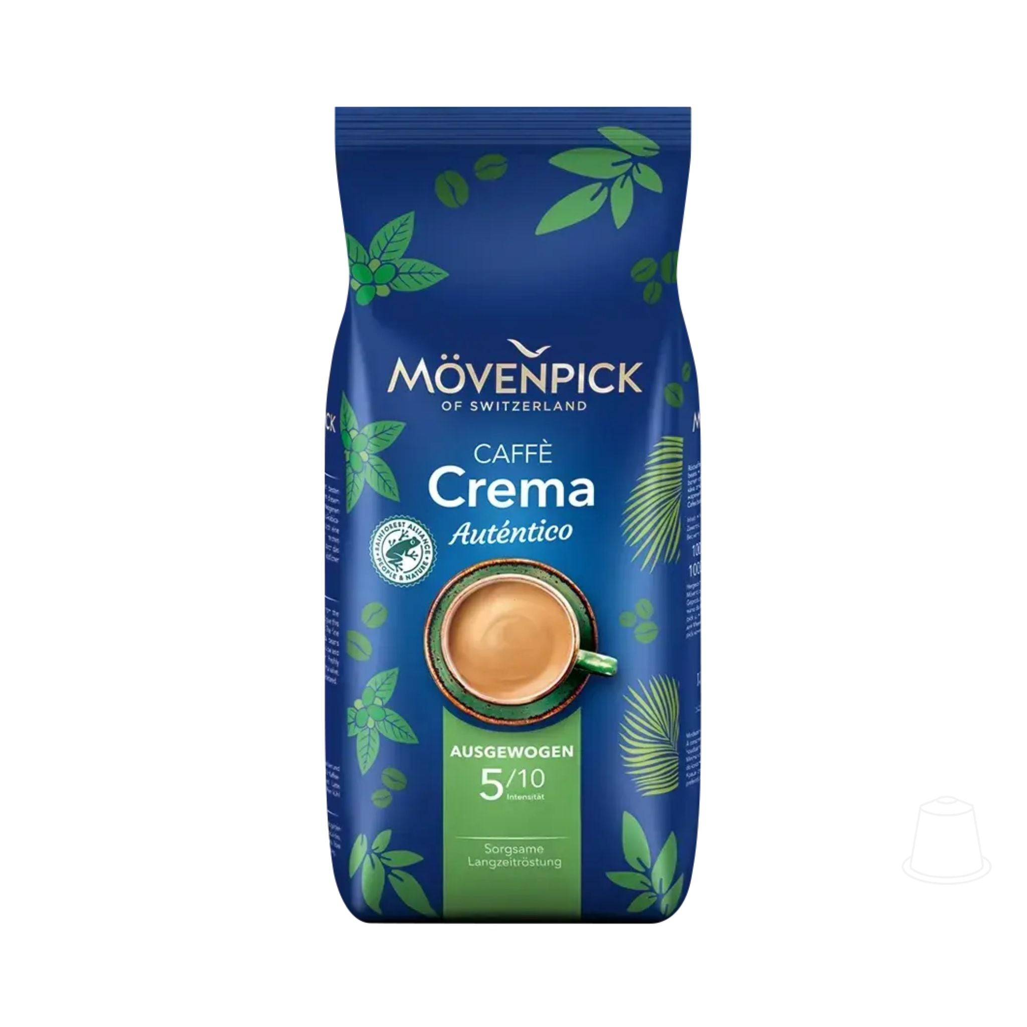 GardenState, Mövenpick Crema Autentico 1kg whole coffee beans, medium roast, 6/10 intensity, Rainforest Alliance certified. Roasted in Switzerland. Ideal for crema and milk-based coffee drinks.