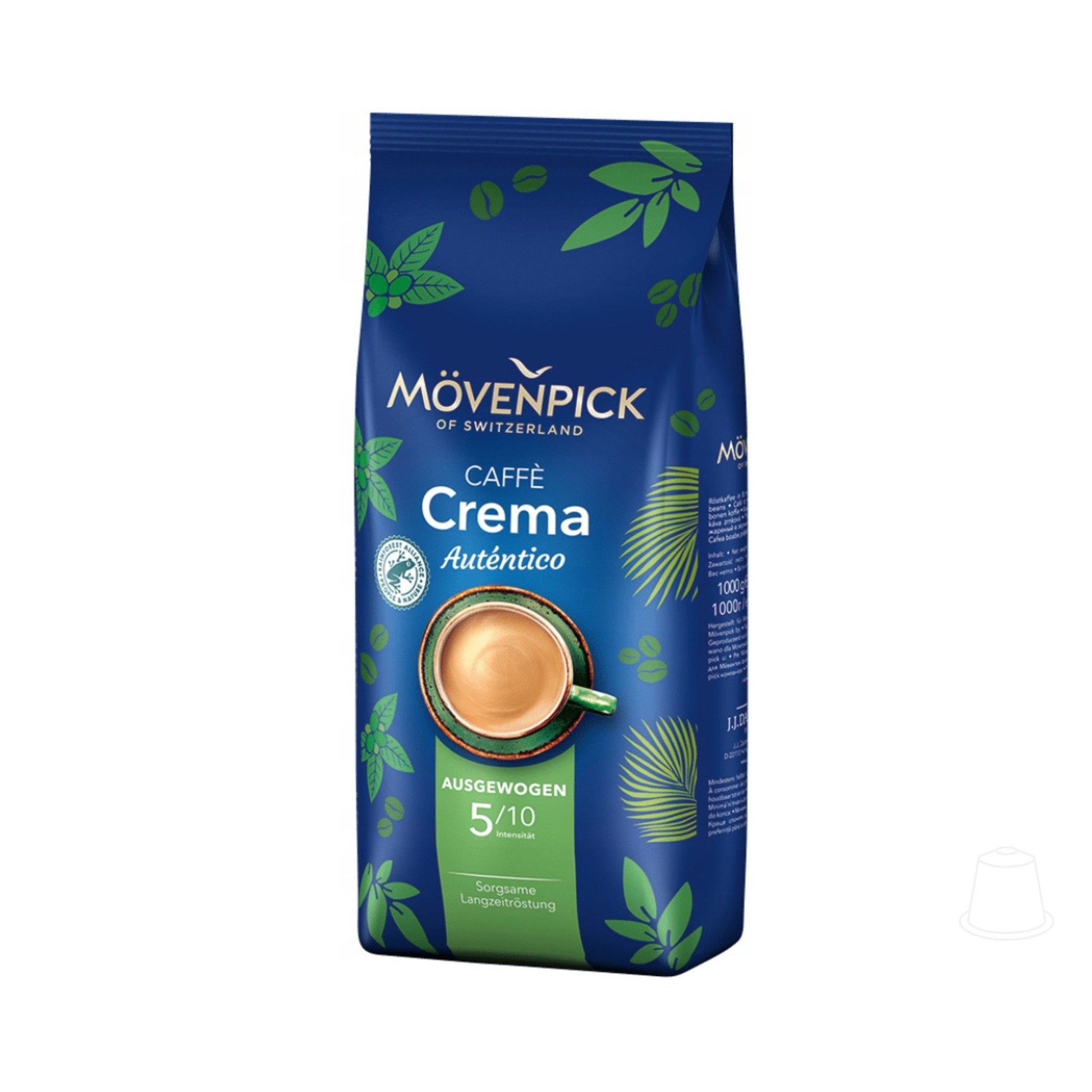 GardenState, Mövenpick Crema Autentico 1kg whole coffee beans, medium roast, 6/10 intensity, Rainforest Alliance certified. Roasted in Switzerland. Ideal for crema and milk-based coffee drinks.