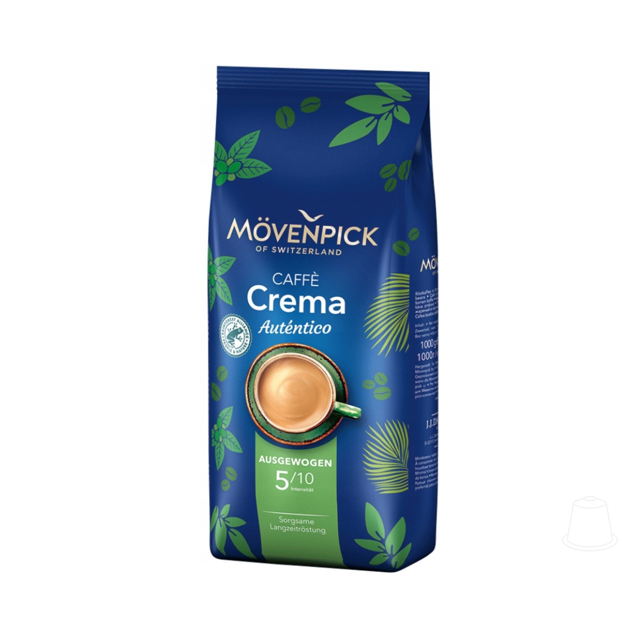 GardenState, Mövenpick Crema Autentico 1kg whole coffee beans, medium roast, 6/10 intensity, Rainforest Alliance certified. Roasted in Switzerland. Ideal for crema and milk-based coffee drinks.