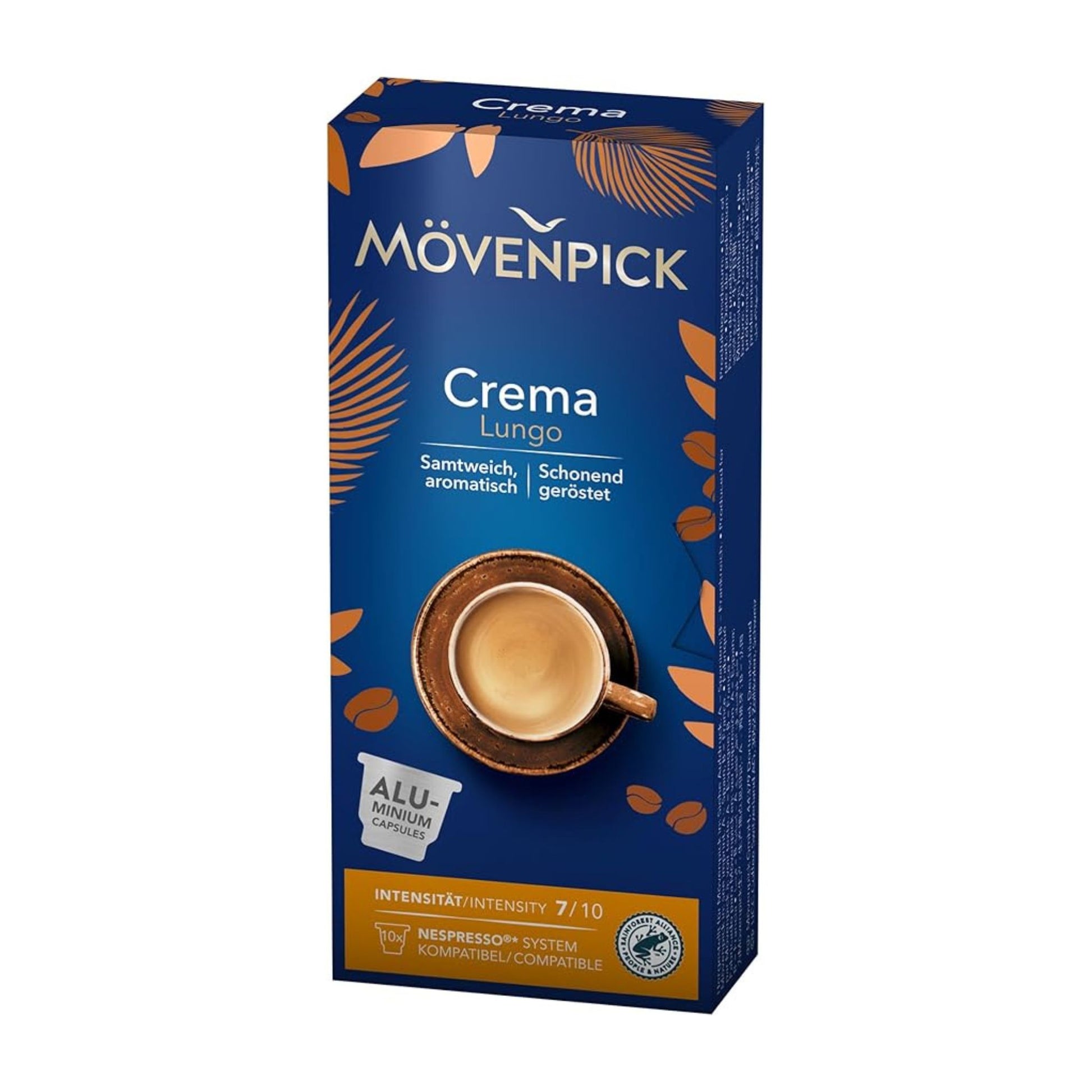 GardenState, Mövenpick Crema Lungo Coffee Capsules – 10 Nespresso compatible pods, dark roast blend of Arabica & Robusta with caramel and chocolate notes, intensity 7/10, full-bodied and long-lasting.
