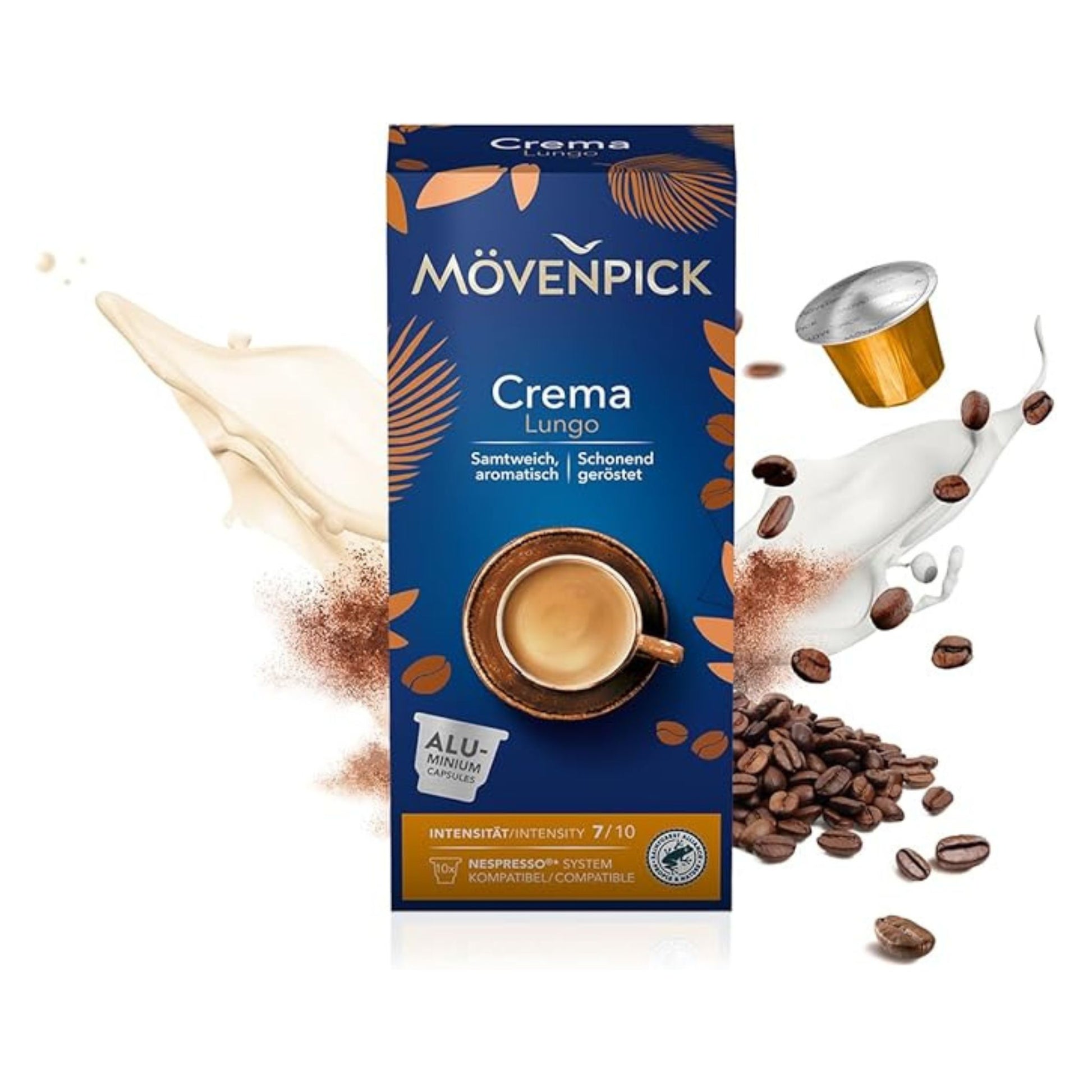 GardenState, Mövenpick Crema Lungo Coffee Capsules – 10 Nespresso compatible pods, dark roast blend of Arabica & Robusta with caramel and chocolate notes, intensity 7/10, full-bodied and long-lasting.