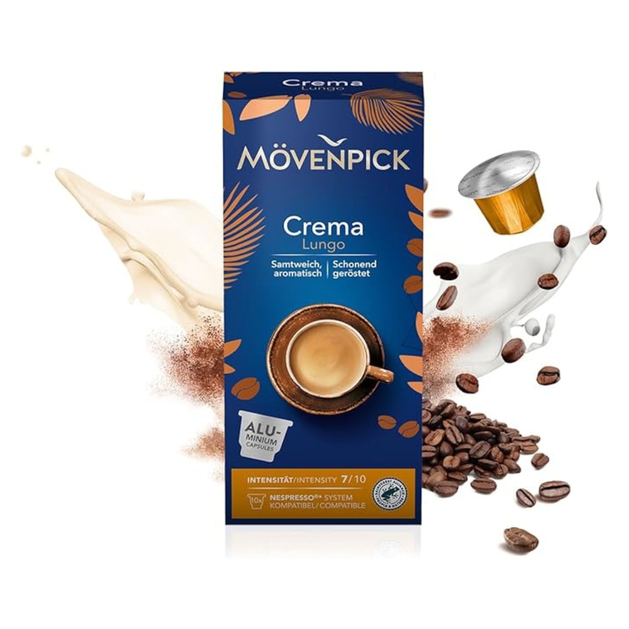 GardenState, Mövenpick Crema Lungo Coffee Capsules – 10 Nespresso compatible pods, dark roast blend of Arabica & Robusta with caramel and chocolate notes, intensity 7/10, full-bodied and long-lasting.