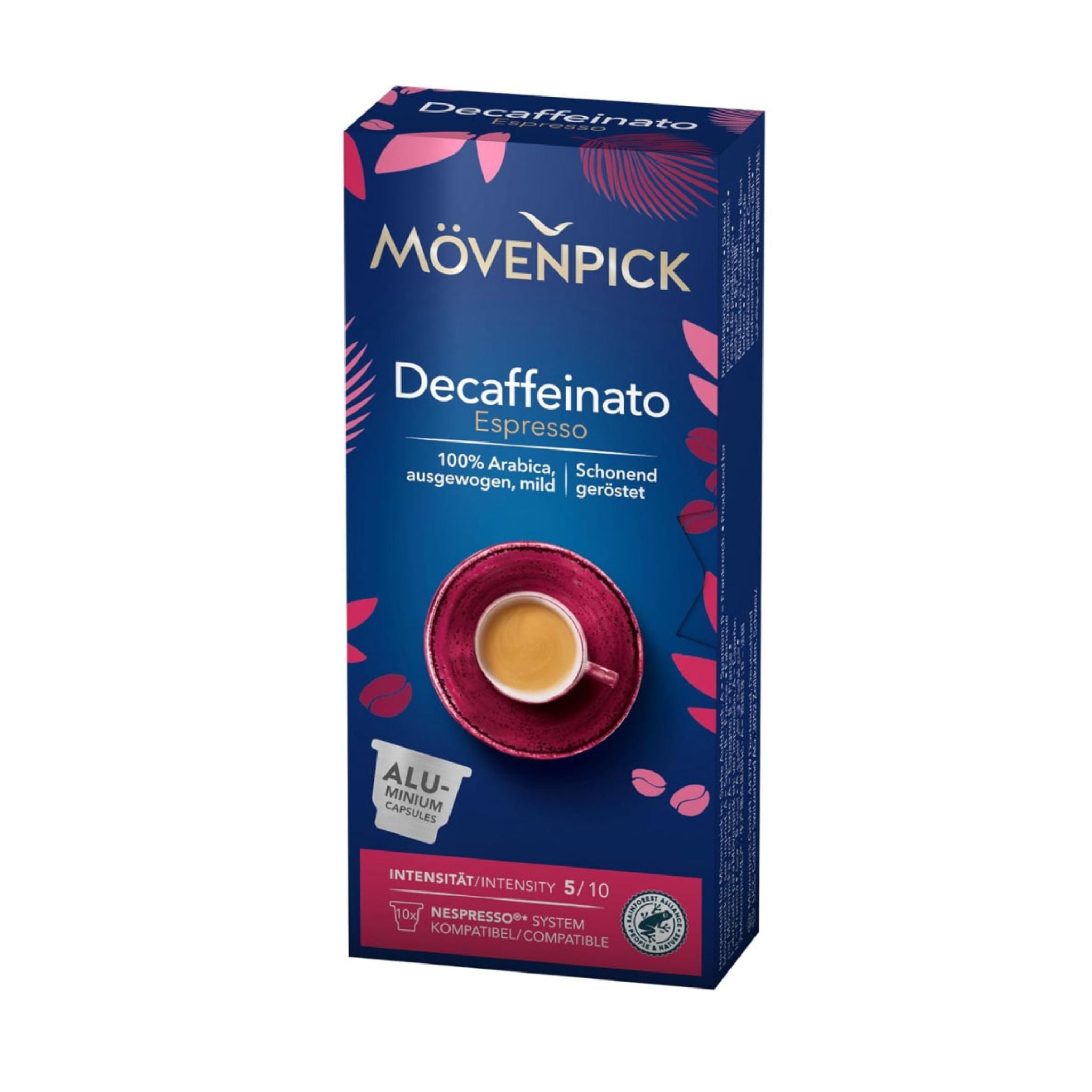 GardenState, Mövenpick Decaffeinato Espresso Coffee Capsules – 10 Nespresso compatible pods, medium-dark roast decaf Arabica beans from Colombia & Brazil, smooth body, nutty aroma, intensity 5/10.