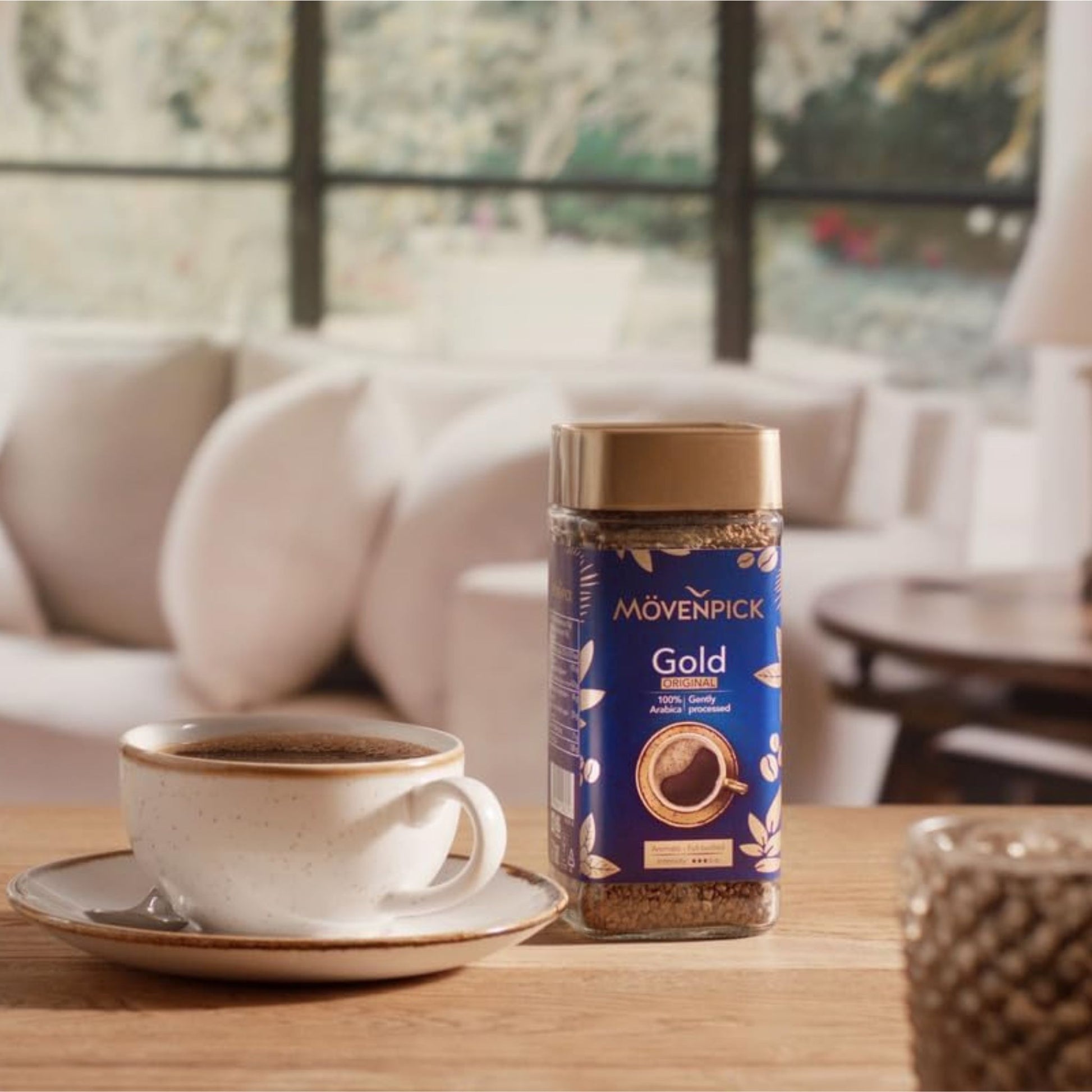 GardenState – Mövenpick Gold Instant Coffee in 200g jars, featuring two variants: Original made from 100% Arabica with medium roast and Intense made from Arabica and Robusta with dark roast, ideal for offices, hotels, and catering use.