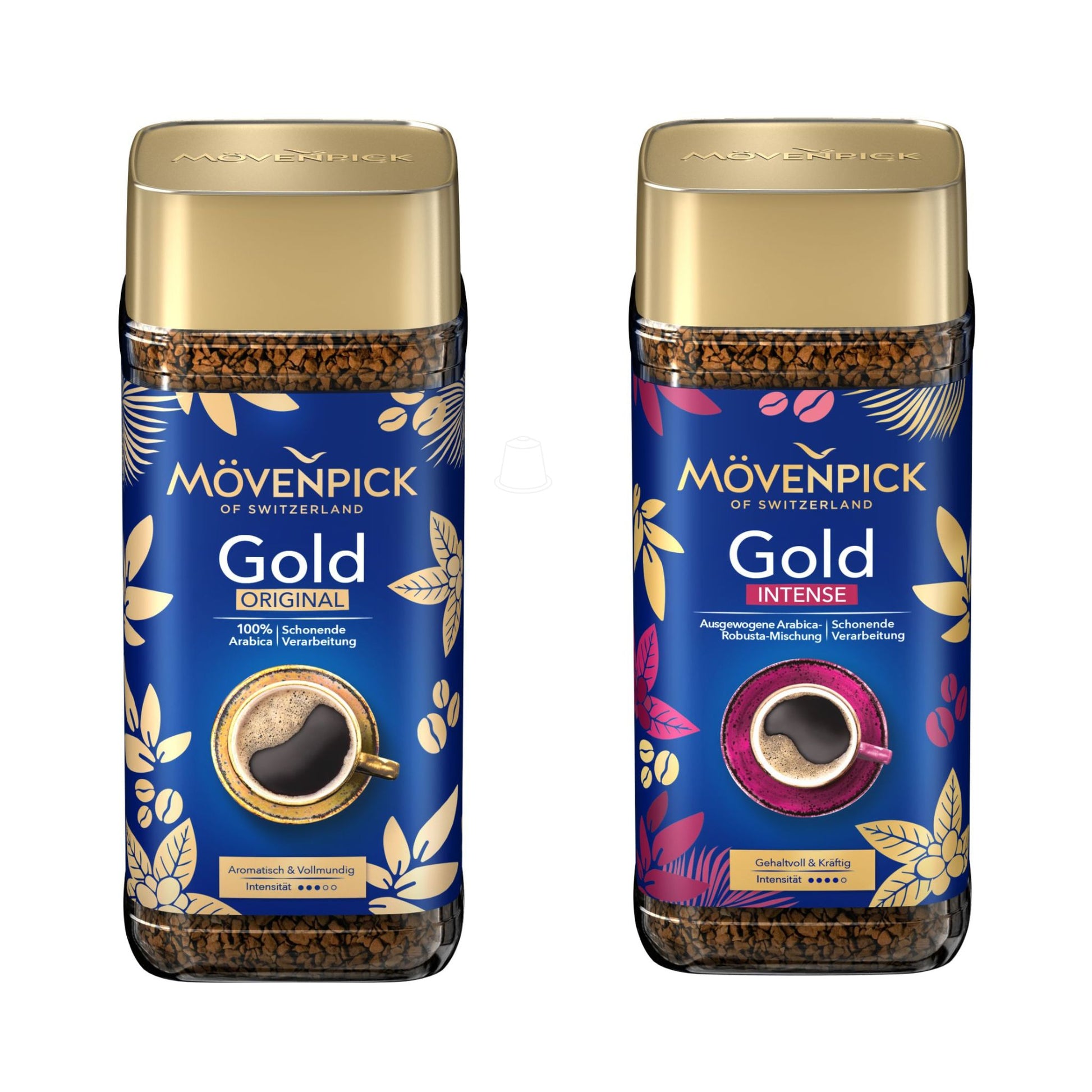 GardenState – Mövenpick Gold Instant Coffee in 200g jars, featuring two variants: Original made from 100% Arabica with medium roast and Intense made from Arabica and Robusta with dark roast, ideal for offices, hotels, and catering use.