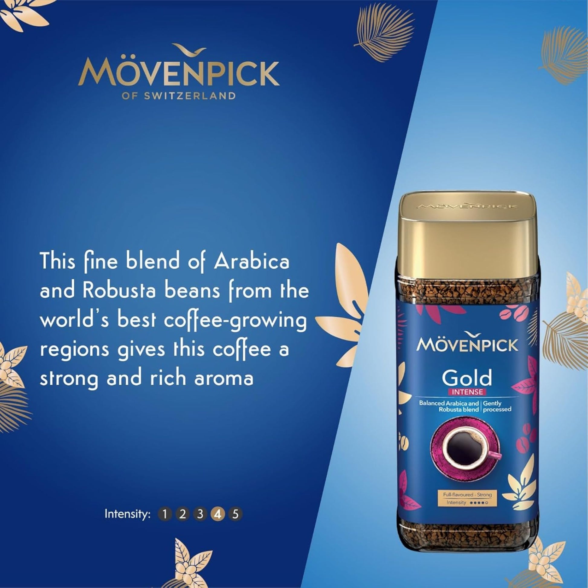 GardenState – Mövenpick Gold Instant Coffee in 200g jars, featuring two variants: Original made from 100% Arabica with medium roast and Intense made from Arabica and Robusta with dark roast, ideal for offices, hotels, and catering use.