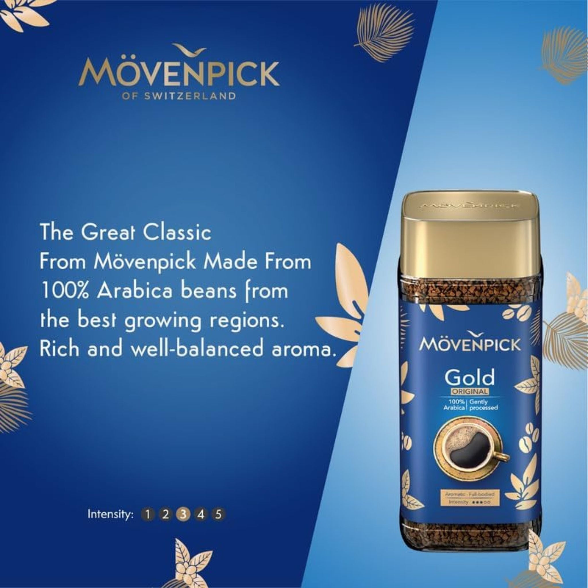 GardenState – Mövenpick Gold Instant Coffee in 200g jars, featuring two variants: Original made from 100% Arabica with medium roast and Intense made from Arabica and Robusta with dark roast, ideal for offices, hotels, and catering use.