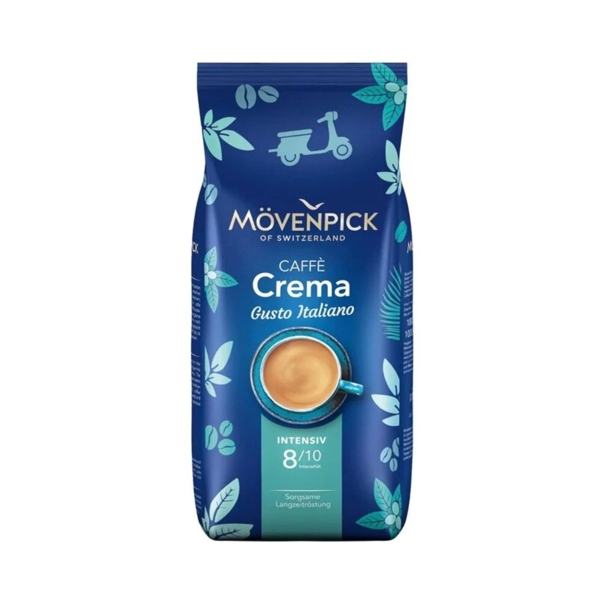 GardenState, 1kg bag of Mövenpick Gusto Italiano whole coffee beans – dark roast with 8/10 intensity, suitable for café crème, cappuccino, and latte macchiato.