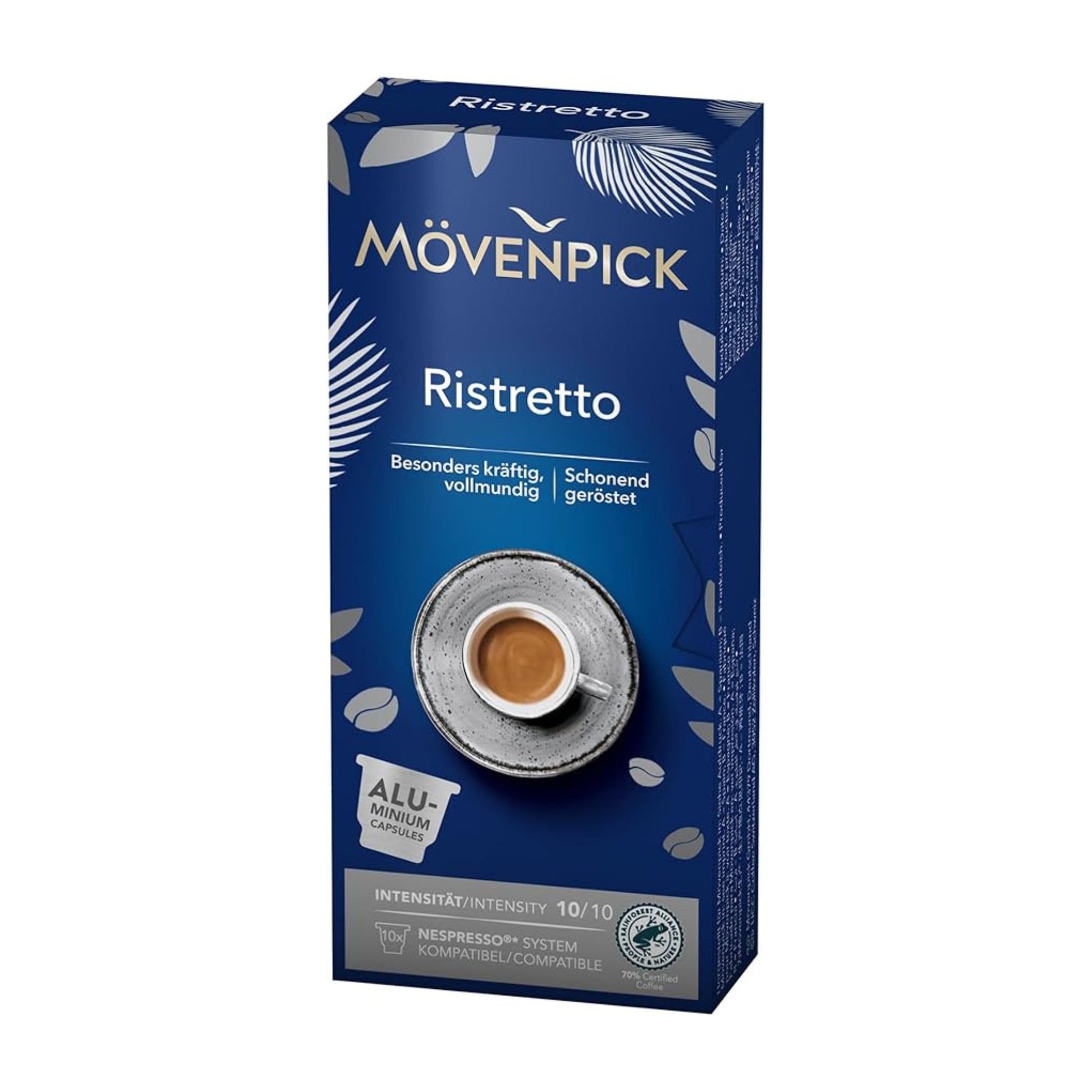 GardenState, Mövenpick Ristretto Espresso capsules – Box of 10 Nespresso compatible pods, intensity 10/10, bold blend of Arabica and Robusta with full-bodied taste and long-lasting roast notes.
