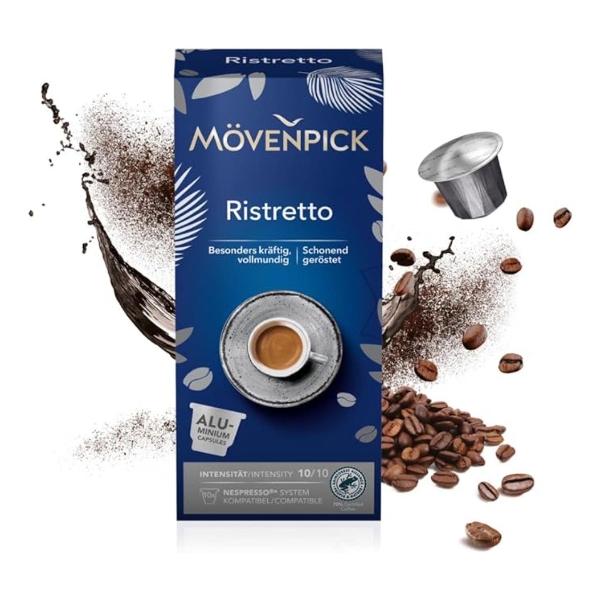 GardenState, Mövenpick Ristretto Espresso capsules – Box of 10 Nespresso compatible pods, intensity 10/10, bold blend of Arabica and Robusta with full-bodied taste and long-lasting roast notes.