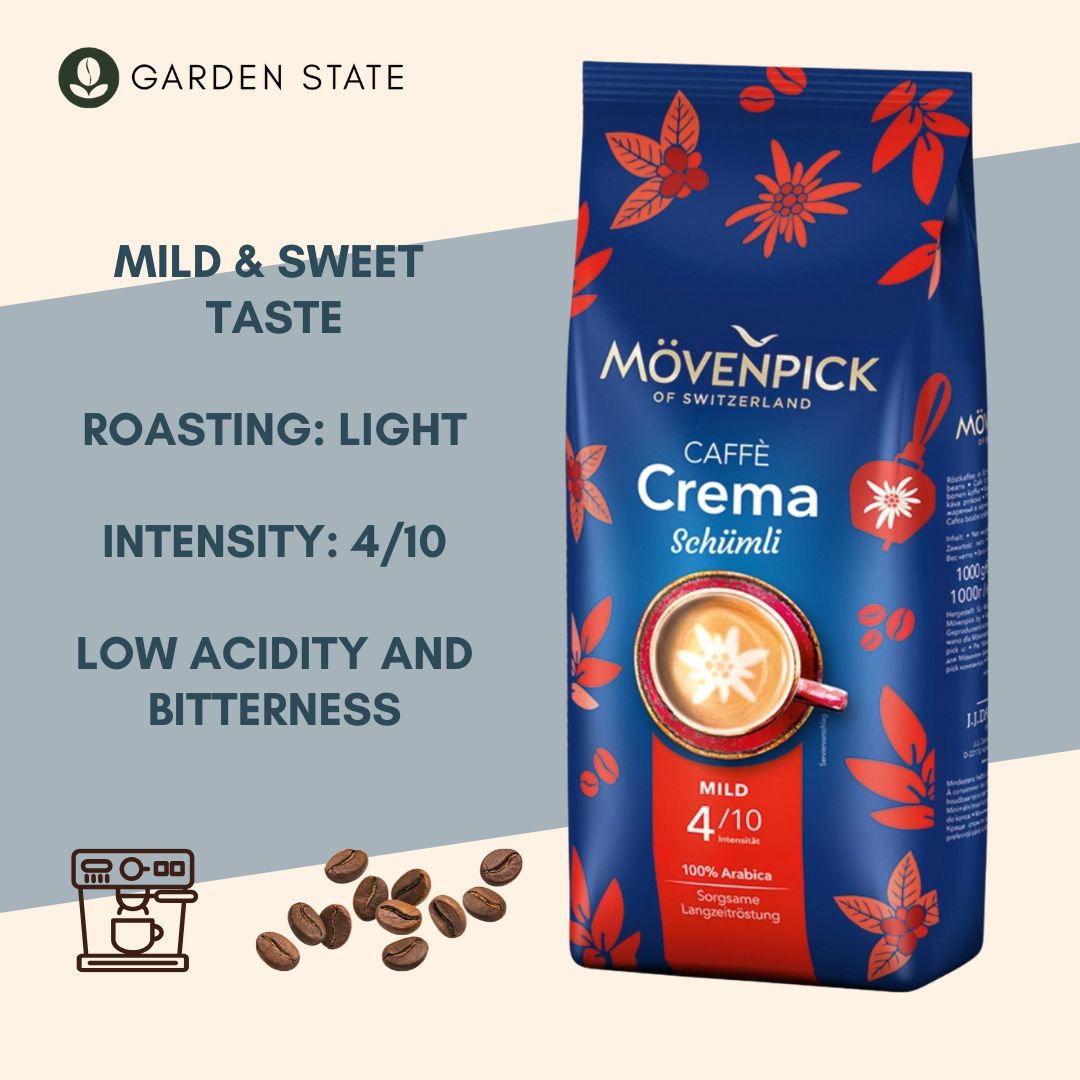 GardenState, 1kg bag of Mövenpick Schümli 100% Arabica whole coffee beans – light roast, 4/10 intensity, mild flavor with rich aroma, perfect for café crème and fully automatic coffee machines.