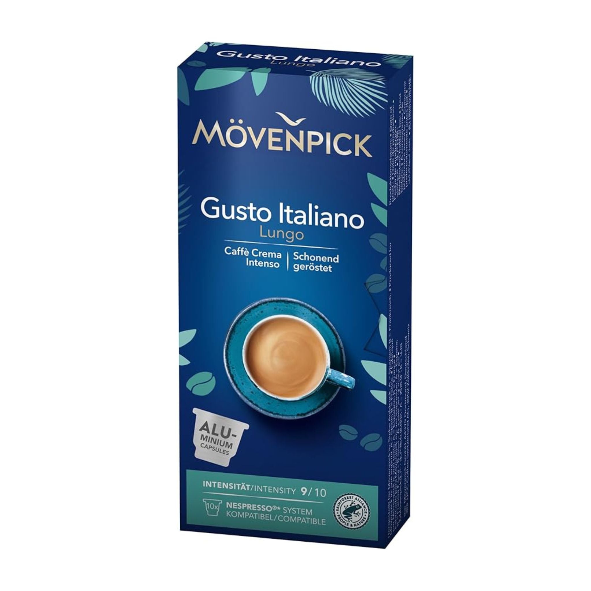 GardenState, Mövenpick Gusto Italiano Lungo Coffee Capsules – 10 Nespresso compatible pods, medium roast, intensity 9/10, Arabica & Robusta blend with rich, full-bodied flavor and chocolate notes.
