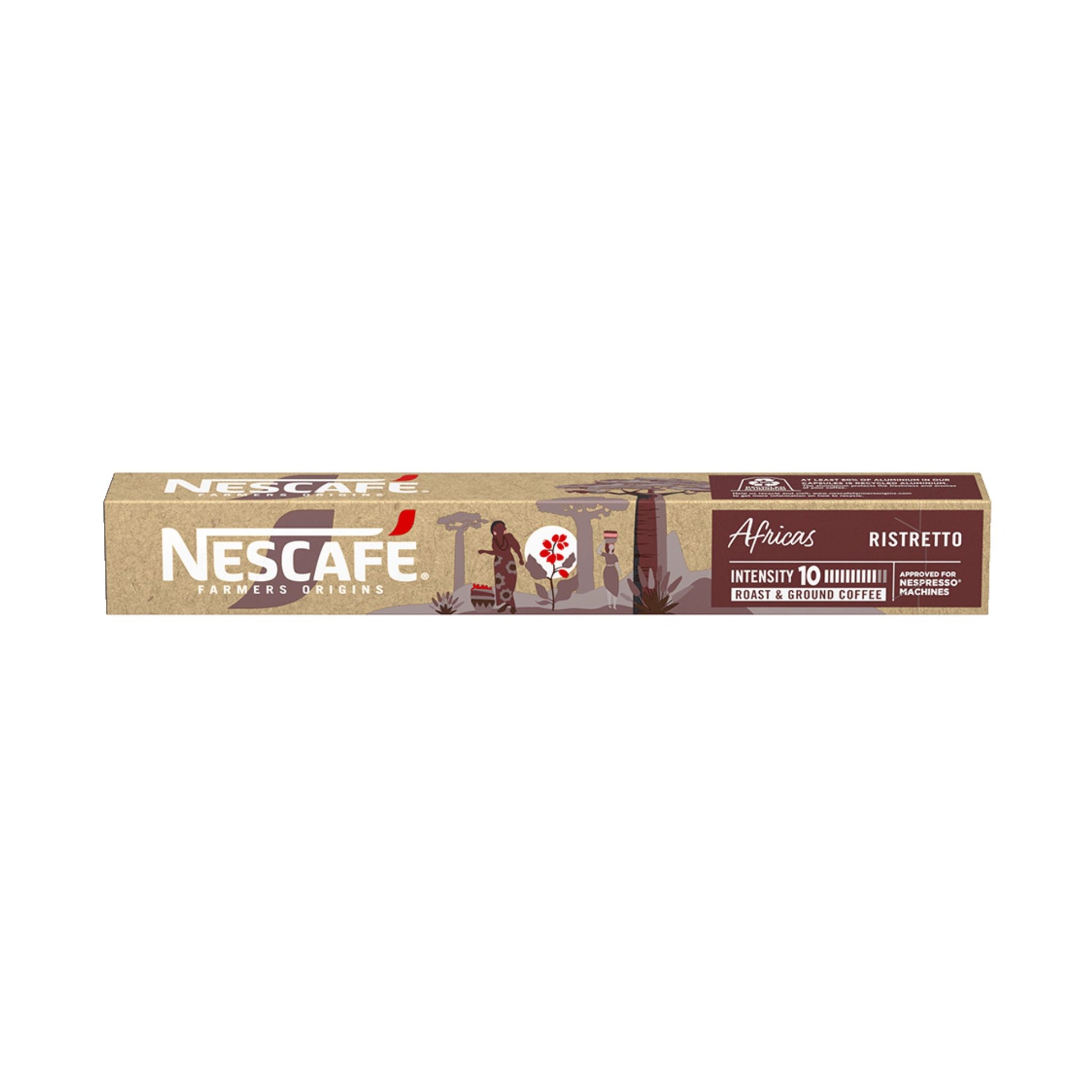 GardenState, Nescafé Farmers Origins Ristretto Africas – Nespresso compatible capsules. A bold blend of Ethiopian Arabica and Ugandan Robusta with dark roasted notes and wild berries. Intensity 10/10. Perfect for ristretto or milk-based coffee drinks.