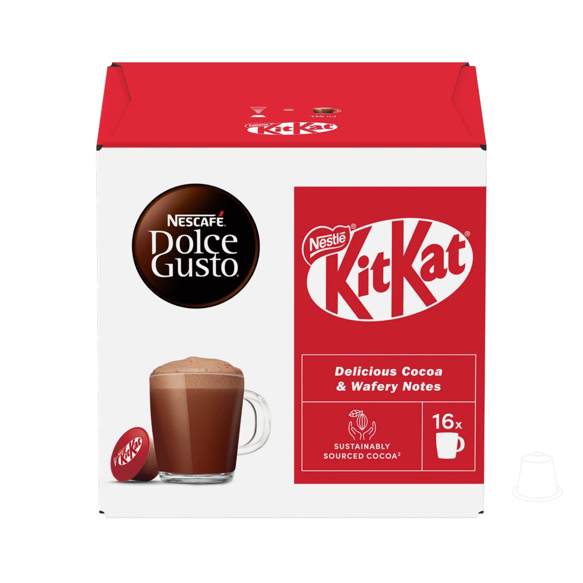 GardenState, b2b coffee supplier, Nescafé Dolce Gusto KitKat hot chocolate capsules pack with 16 single-serve pods, featuring the iconic KitKat cocoa and wafer flavour, compatible with Nescafé Dolce Gusto coffee machines.