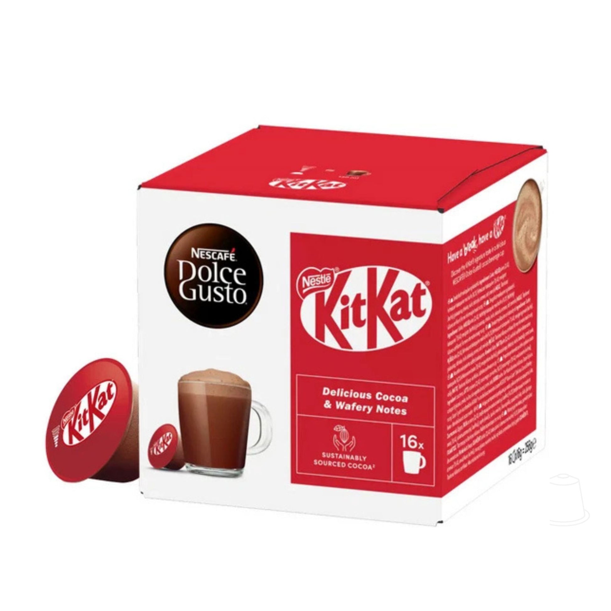 GardenState, b2b coffee supplier, Nescafé Dolce Gusto KitKat hot chocolate capsules pack with 16 single-serve pods, featuring the iconic KitKat cocoa and wafer flavour, compatible with Nescafé Dolce Gusto coffee machines.