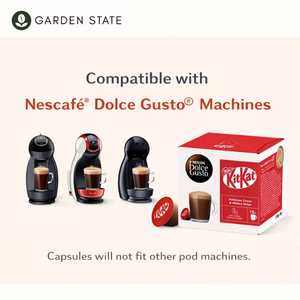 GardenState, b2b coffee supplier, Nescafé Dolce Gusto KitKat hot chocolate capsules pack with 16 single-serve pods, featuring the iconic KitKat cocoa and wafer flavour, compatible with Nescafé Dolce Gusto coffee machines.