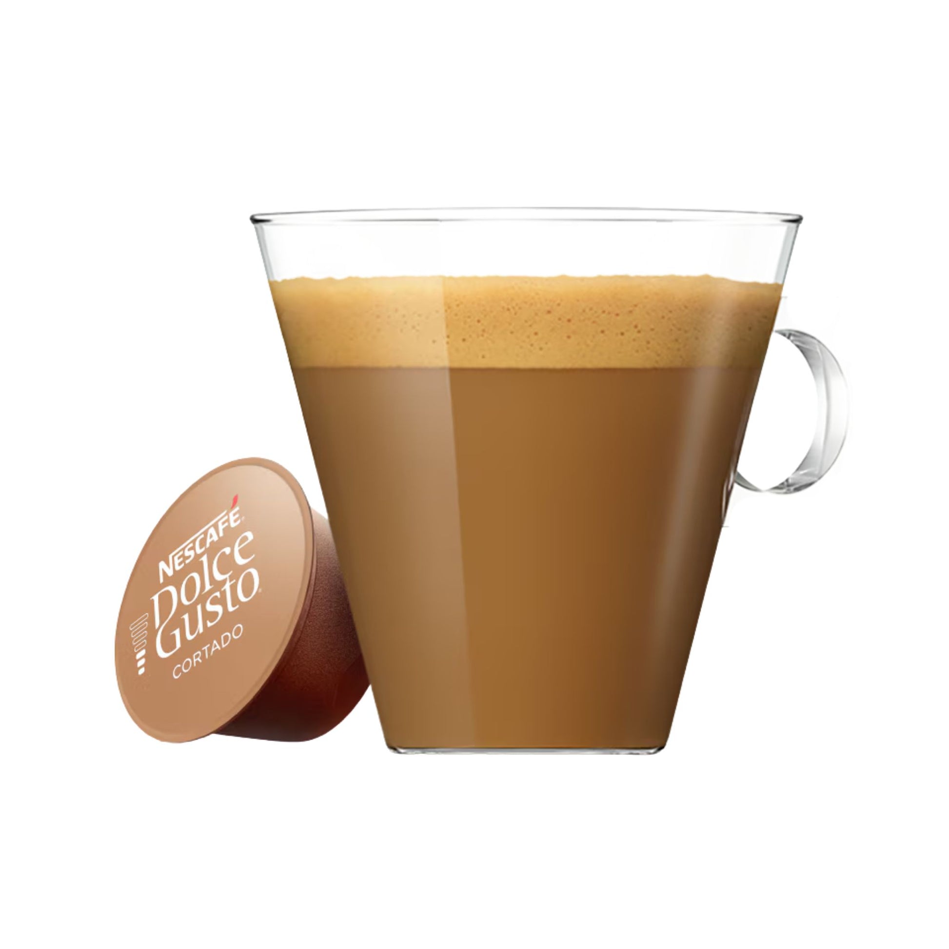 gardenstate, wholesale coffee, NESCAFÉ Dolce Gusto Cortado Espresso Macchiato, 16 capsules short espresso with a touch of milk; smooth, roasty cup with rich crema (intensity 10/13); compatible with Dolce Gusto machines