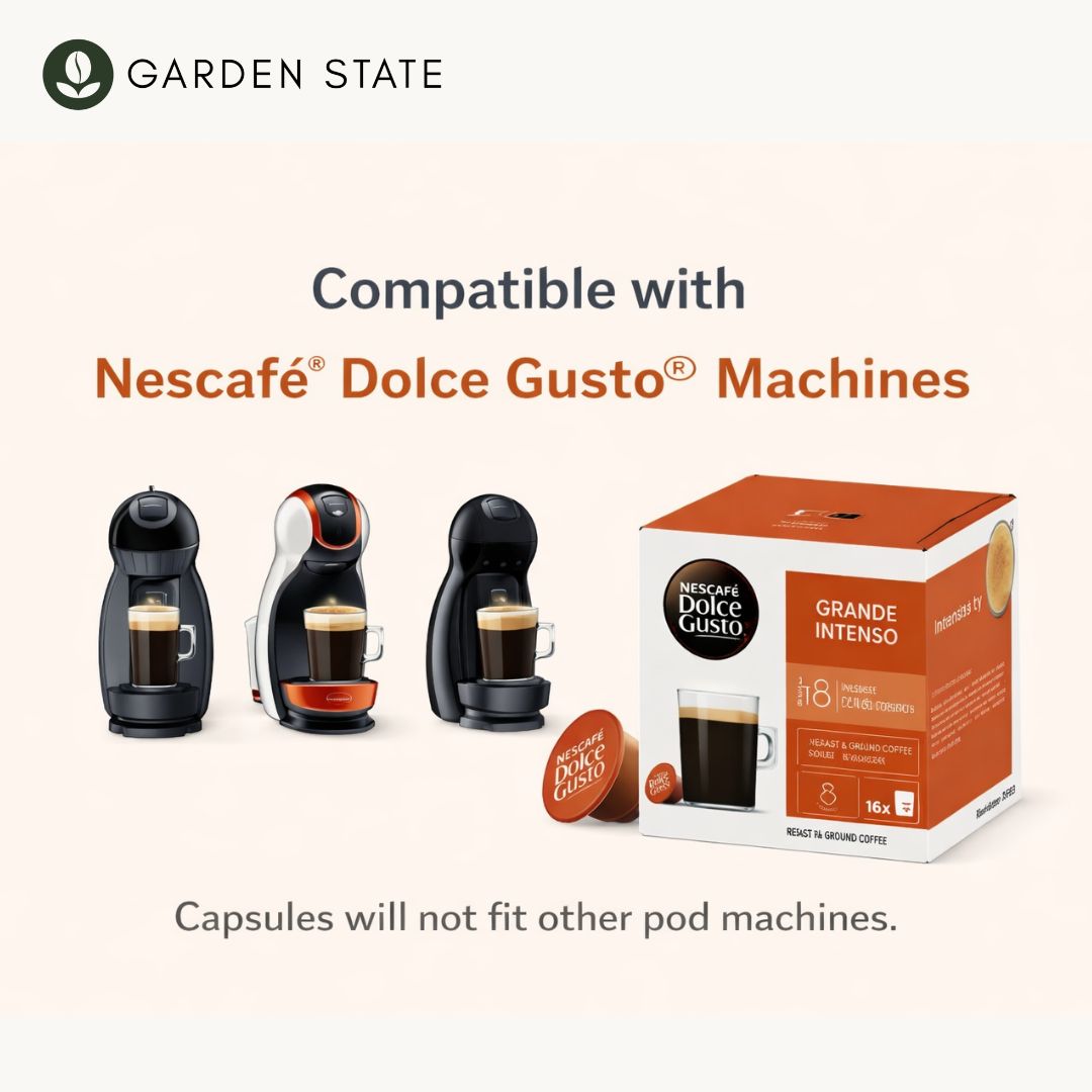 GardenState Nescafe Dolce Gusto Grande Intenso, pack of 16 capsules — dark roast long cup (intensity 9/13), full-bodied with black-cherry notes; compatible with Nescafe Dolce Gusto machines.