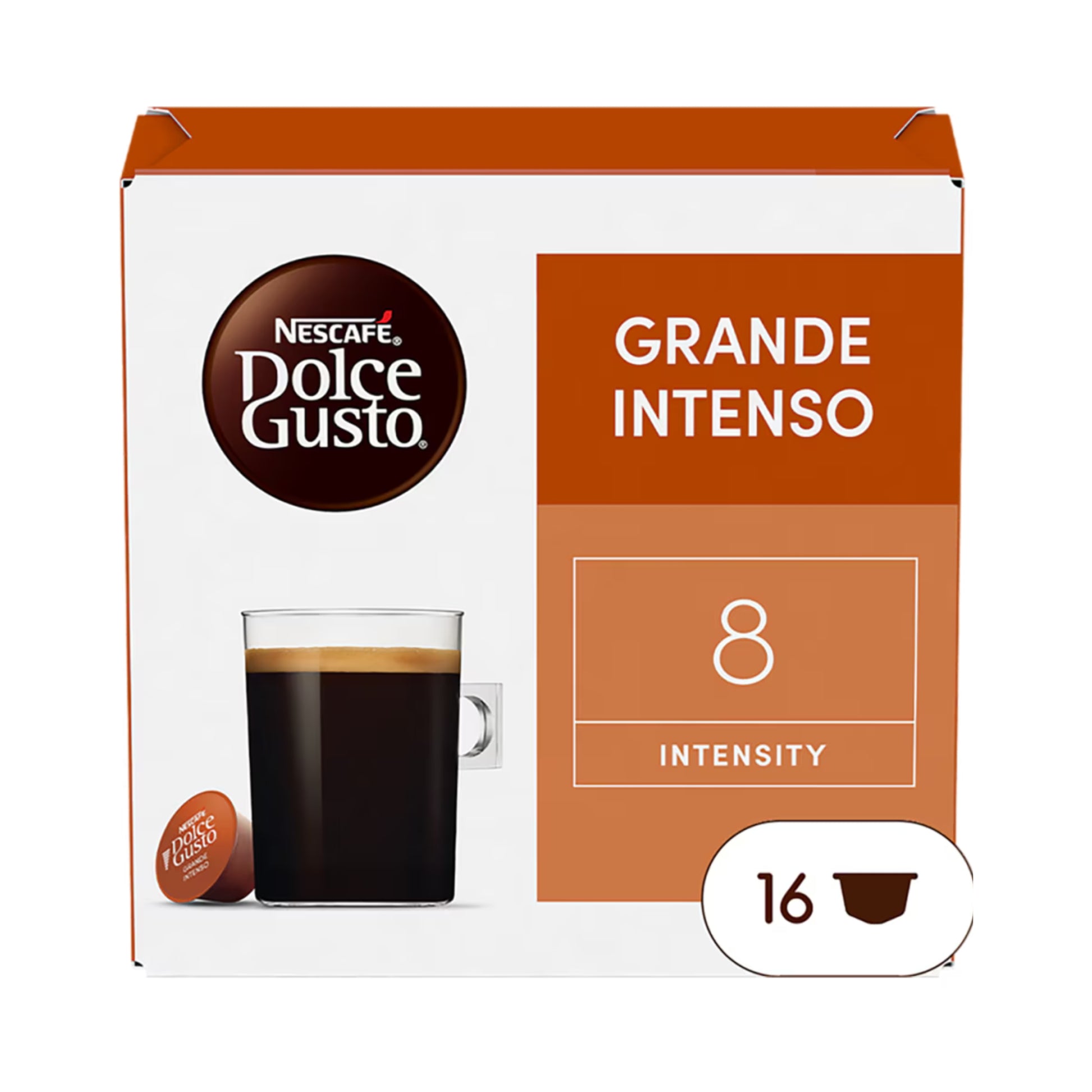 GardenState Nescafe Dolce Gusto Grande Intenso, pack of 16 capsules — dark roast long cup (intensity 9/13), full-bodied with black-cherry notes; compatible with Nescafe Dolce Gusto machines.