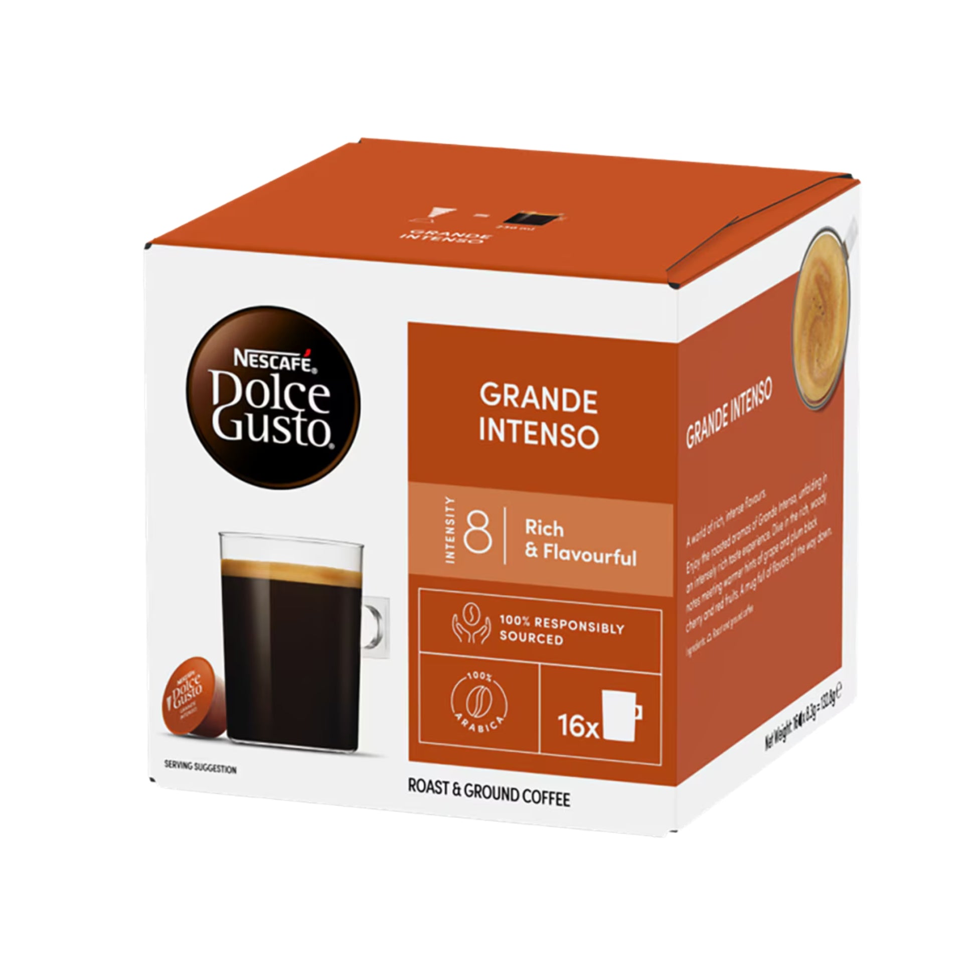 GardenState Nescafe Dolce Gusto Grande Intenso, pack of 16 capsules — dark roast long cup (intensity 9/13), full-bodied with black-cherry notes; compatible with Nescafe Dolce Gusto machines.