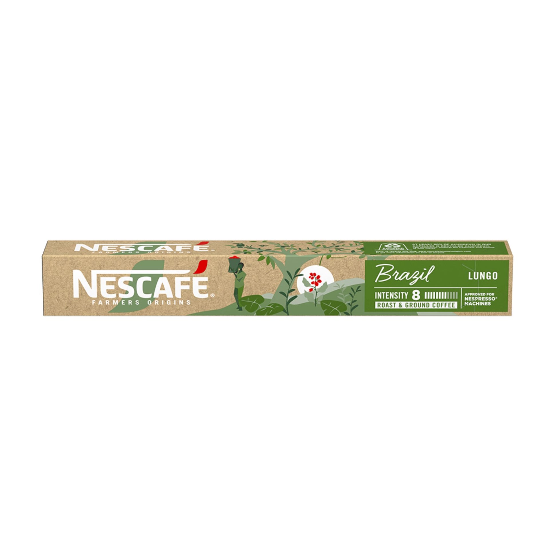 GardenState, Nescafé Farmers Origins Lungo Brazil – 100% Arabica coffee with roasted and grainy notes. Medium-high intensity (8/10). Nespresso® compatible capsules, perfect for cafés, offices, and restaurants seeking premium Brazilian coffee.