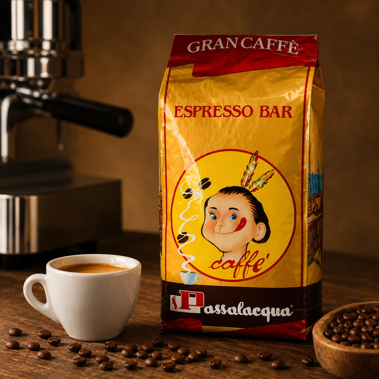 Passalacqua Gran Caffè Whole Coffee Beans 1kg – premium Italian espresso blend of Arabica and Robusta with rich crema, chocolate and spicy notes. Perfect for cafés, restaurants, and offices.