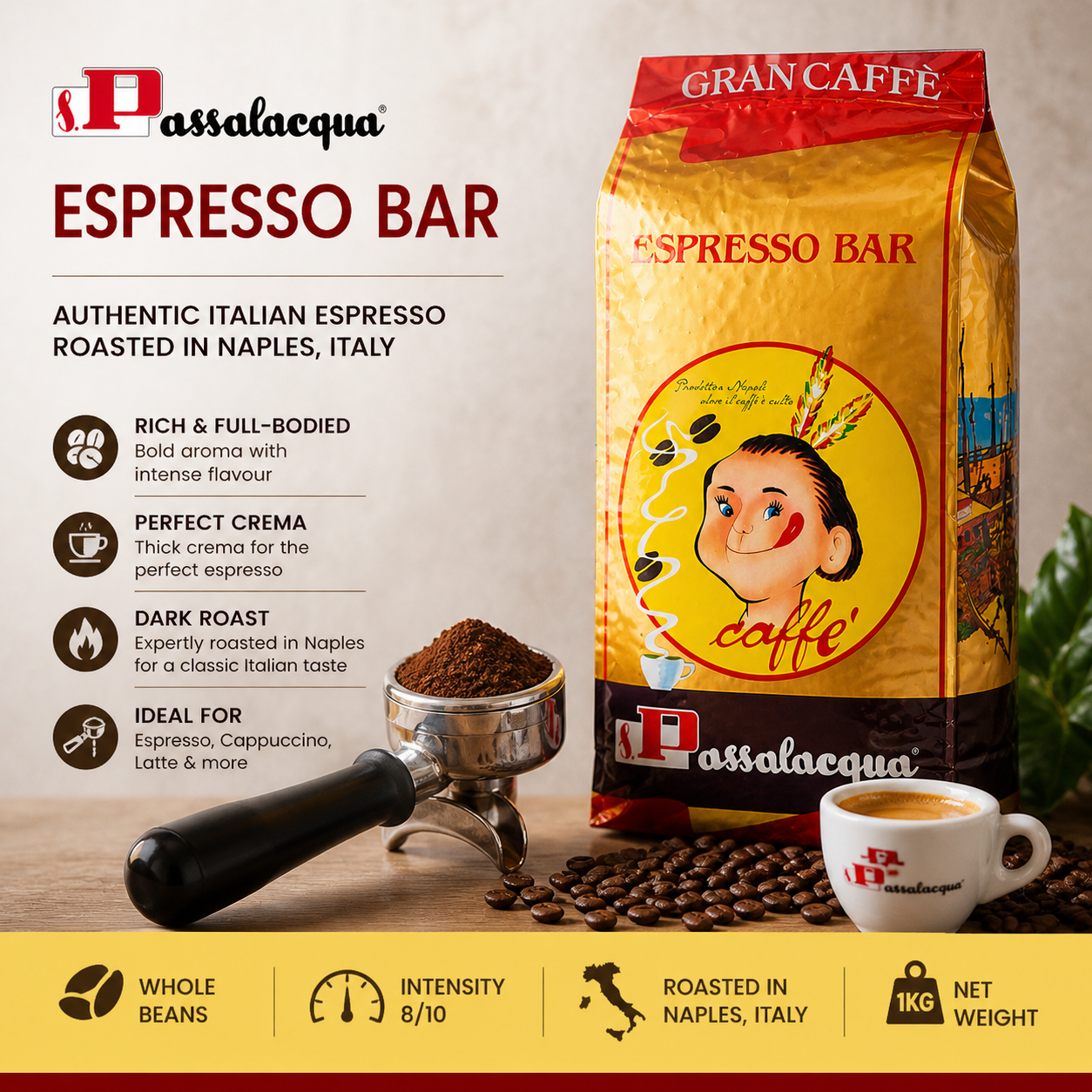 Passalacqua Gran Caffè Whole Coffee Beans 1kg – premium Italian espresso blend of Arabica and Robusta with rich crema, chocolate and spicy notes. Perfect for cafés, restaurants, and offices.