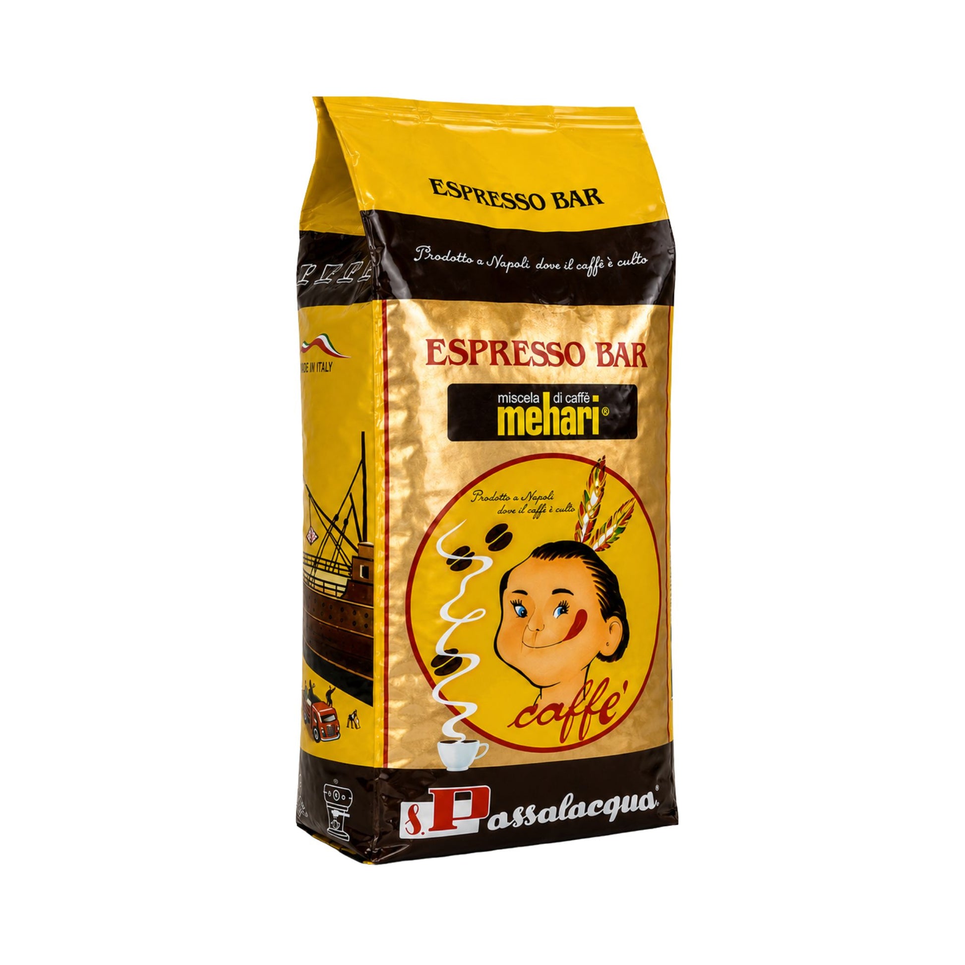 Passalacqua Mehari Espresso Bar whole coffee beans in a café setting, Italian coffee blend for hospitality, foodservice, office coffee stations, espresso bars and commercial bean to cup machines.
