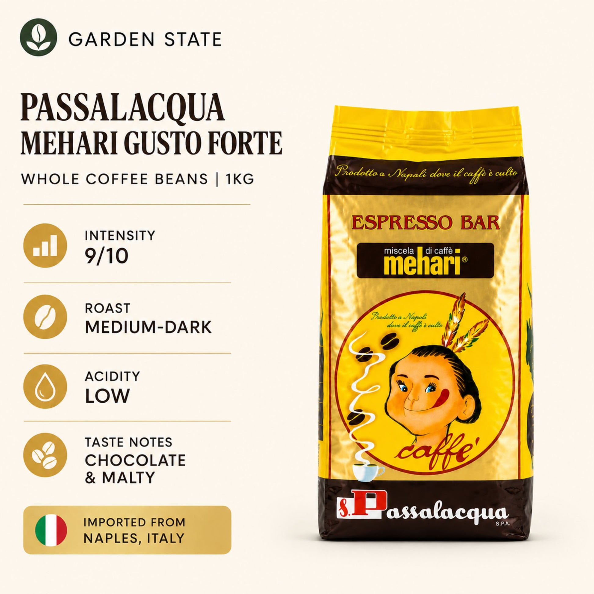 Passalacqua Mehari Espresso Bar whole coffee beans in a café setting, Italian coffee blend for hospitality, foodservice, office coffee stations, espresso bars and commercial bean to cup machines.