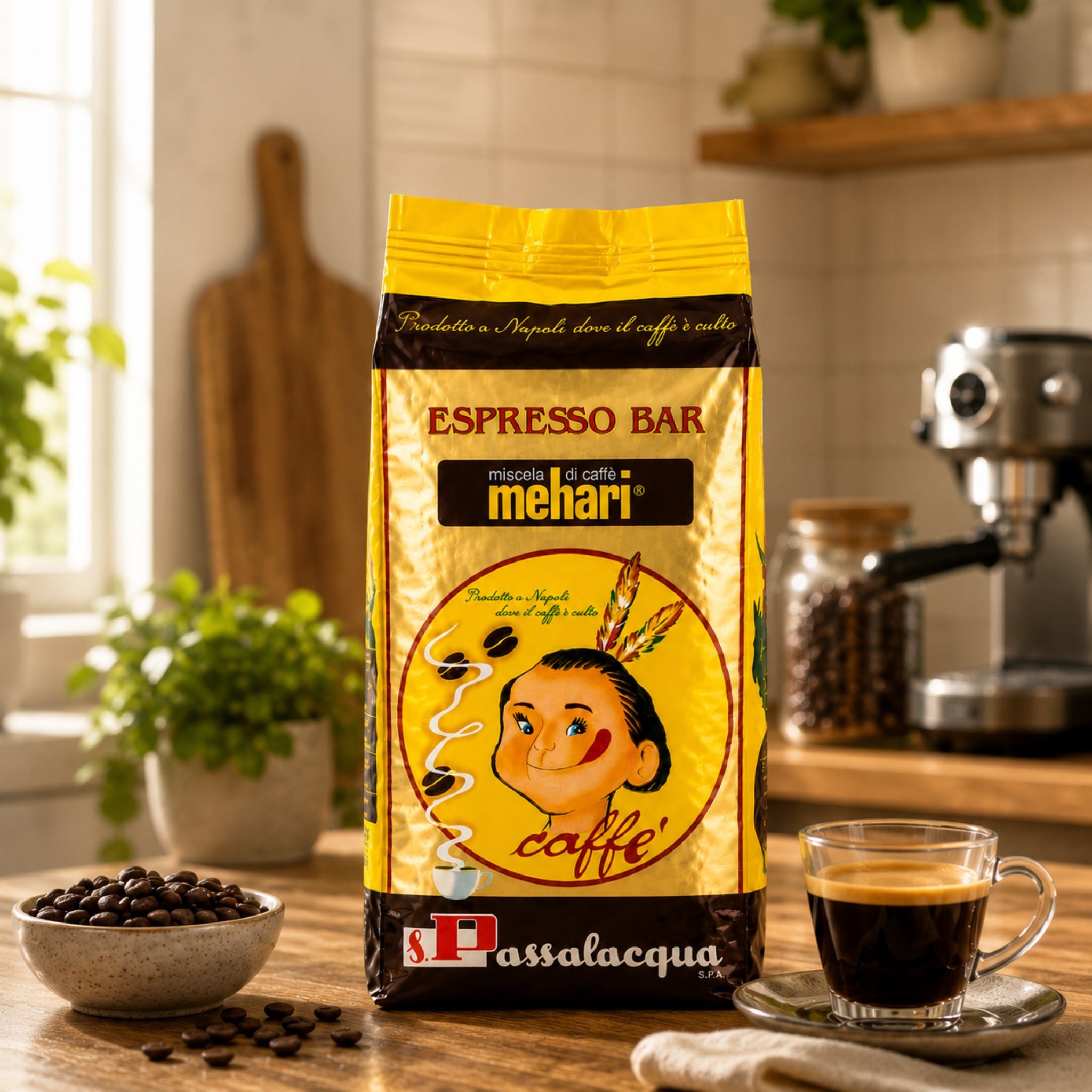 Passalacqua Mehari Espresso Bar whole coffee beans in a café setting, Italian coffee blend for hospitality, foodservice, office coffee stations, espresso bars and commercial bean to cup machines.