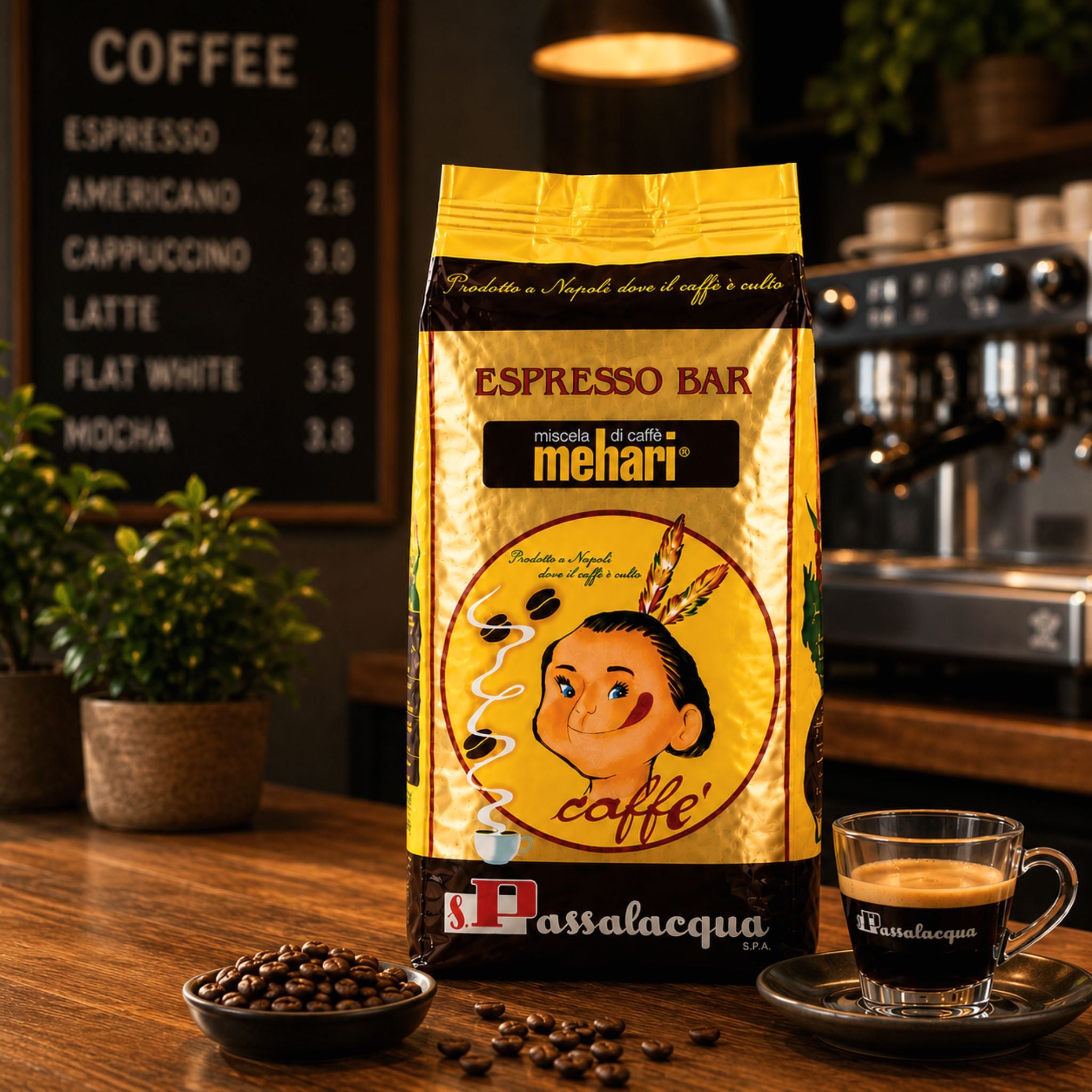 Passalacqua Mehari Espresso Bar whole coffee beans in a café setting, Italian coffee blend for hospitality, foodservice, office coffee stations, espresso bars and commercial bean to cup machines.