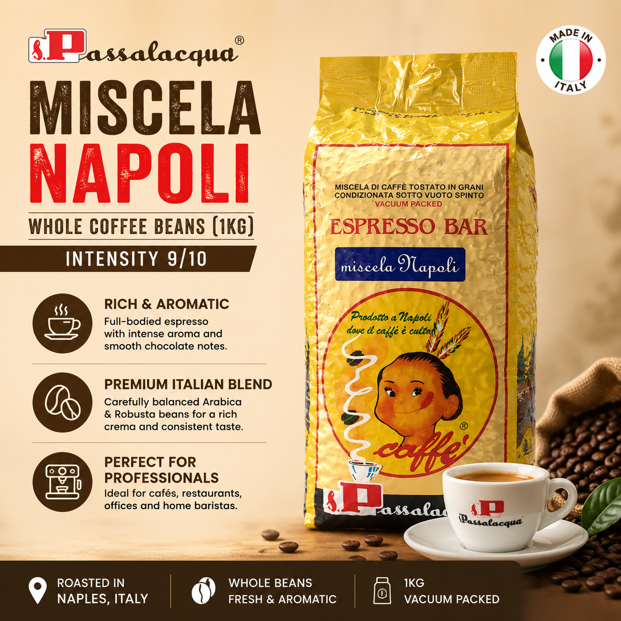 Passalaqua Miscela Napoli, Premium Italian Whole Coffee Beans. Great for Cafe, offices, offices and businesses.