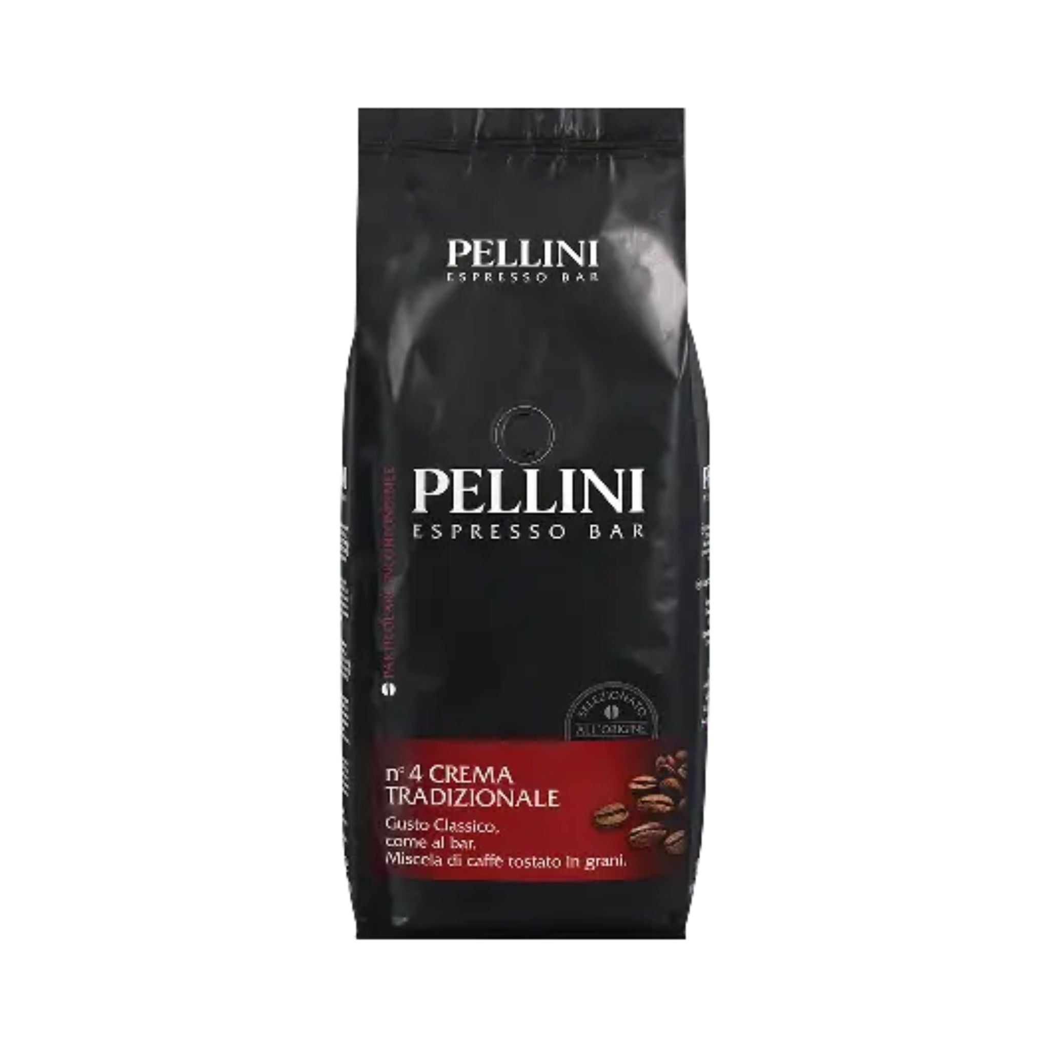 GardenState, Pellini Espresso Bar No.4 Crema Tradizionale whole coffee beans 1kg bag. Medium-dark roast with intensity 8/10, Arabica-Robusta blend, rich crema and classic Italian espresso flavor.
