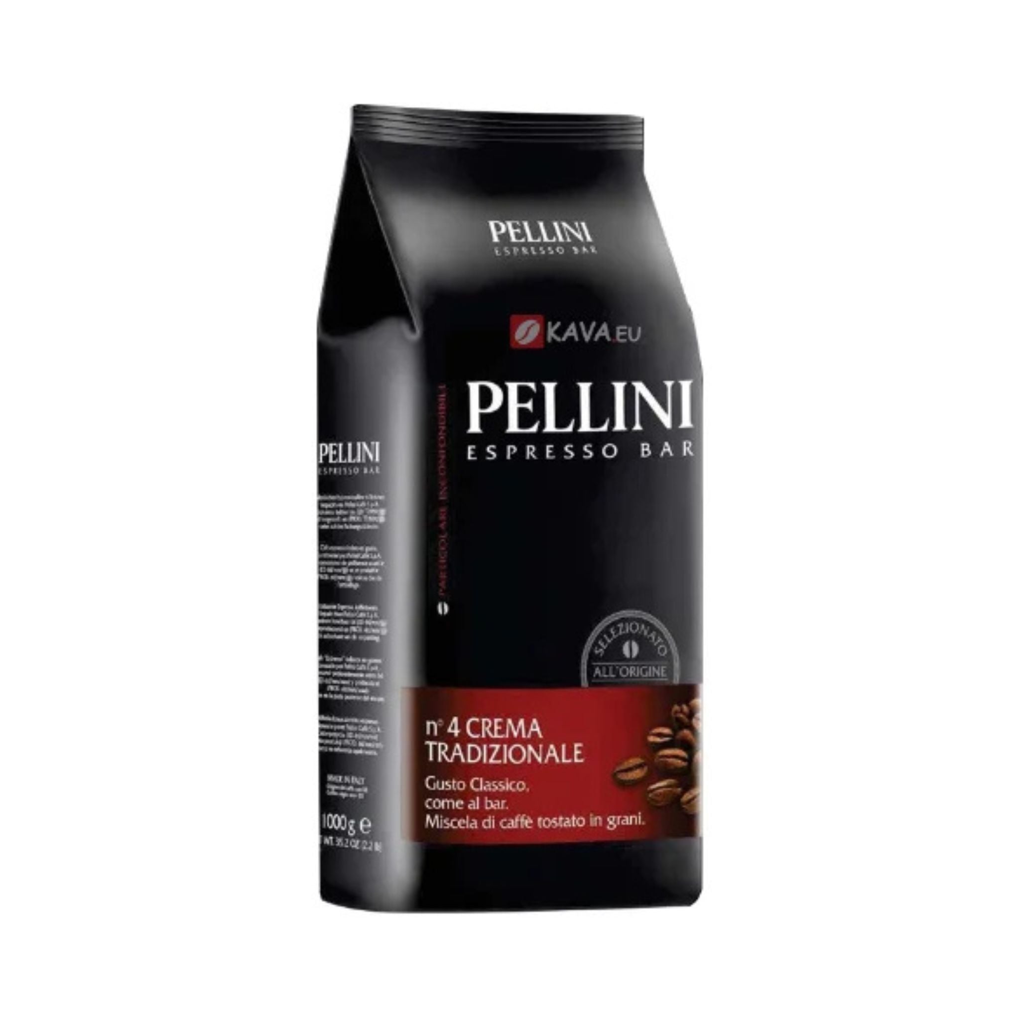 GardenState, Pellini Espresso Bar No.4 Crema Tradizionale whole coffee beans 1kg bag. Medium-dark roast with intensity 8/10, Arabica-Robusta blend, rich crema and classic Italian espresso flavor.