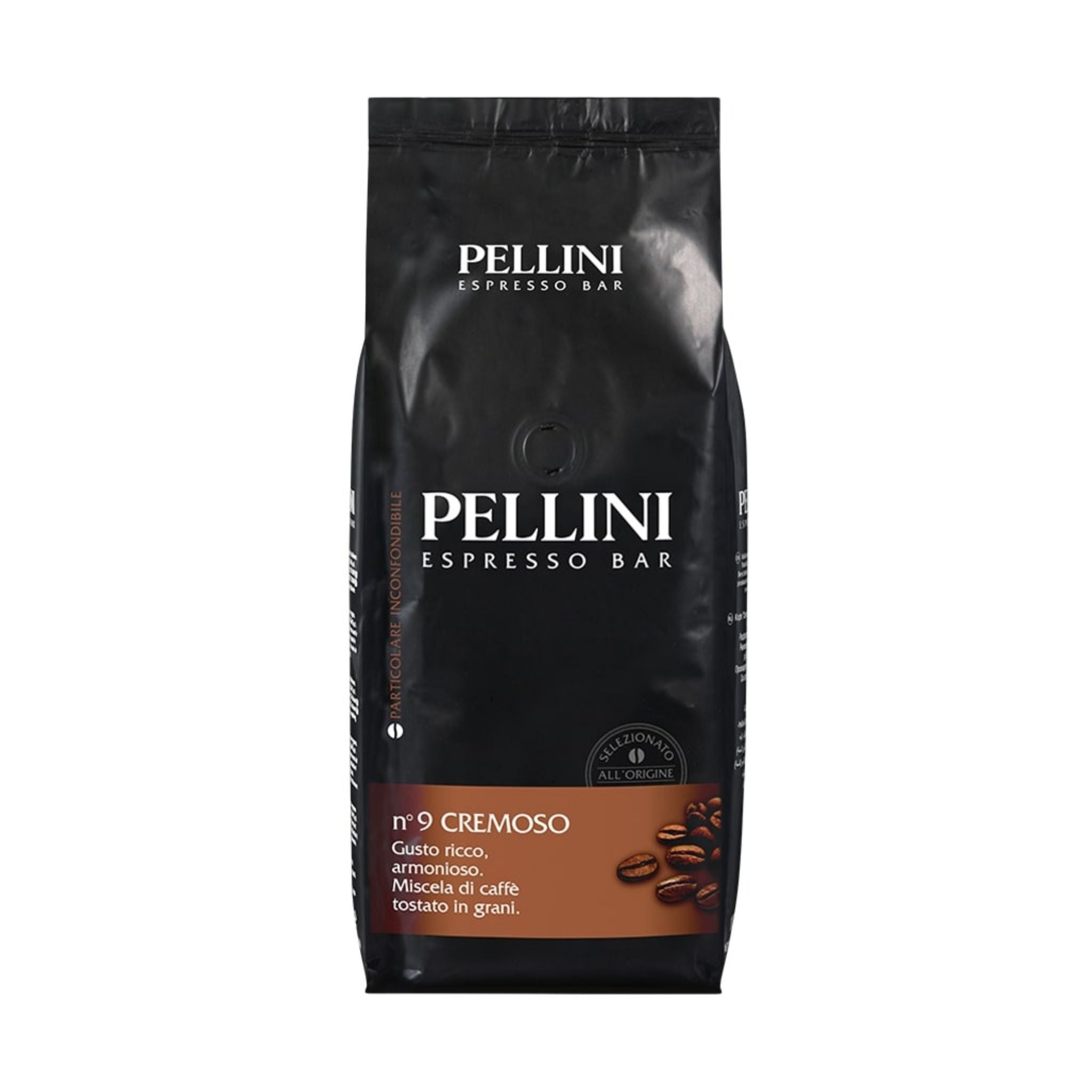 GardenState, Pellini Espresso Bar No. 9 Cremoso – 1kg whole coffee beans. Medium roast blend of Arabica and Robusta. Smooth, full-bodied Italian espresso with rich aroma and balanced flavour. Ideal for home or café use.