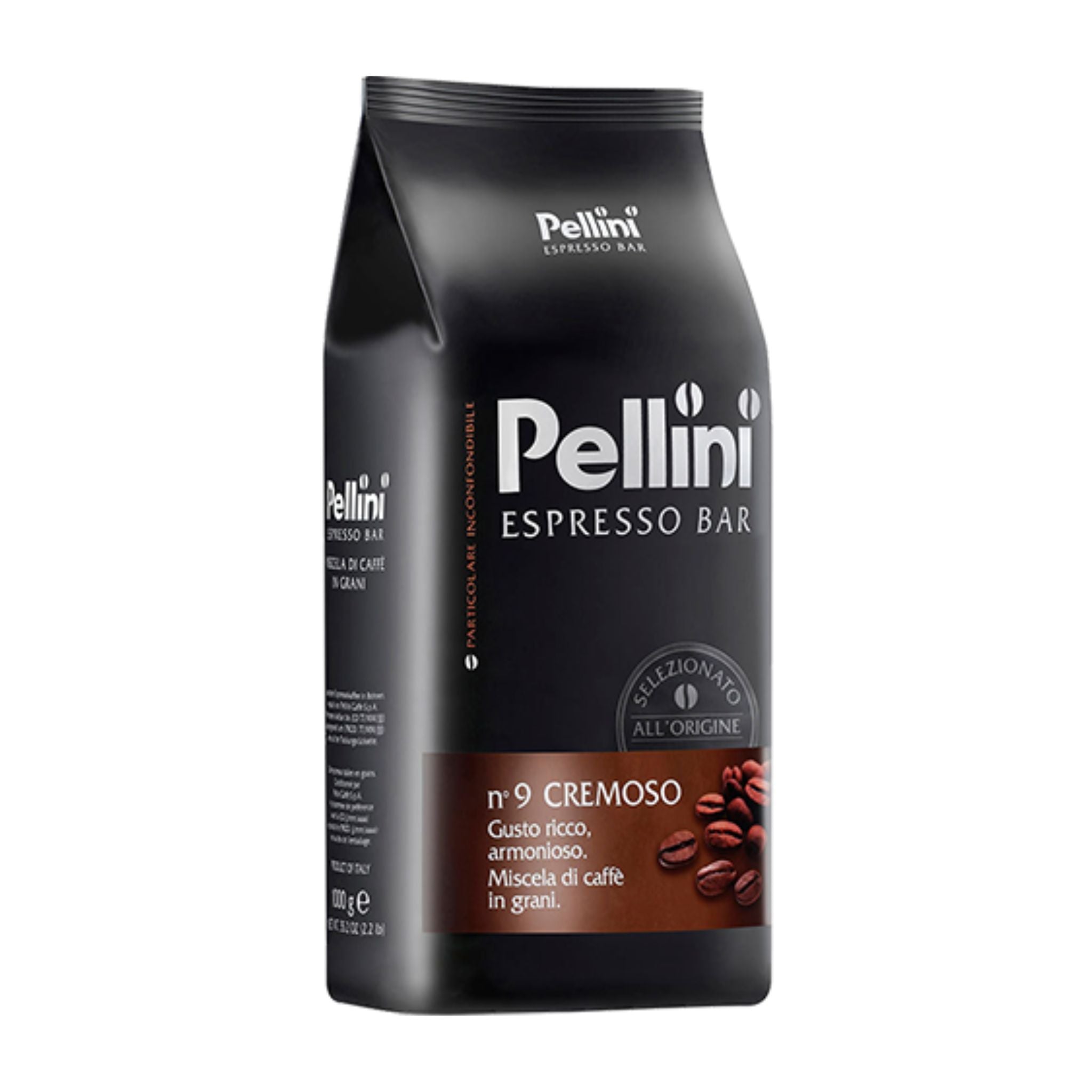 GardenState, Pellini Espresso Bar No. 9 Cremoso – 1kg whole coffee beans. Medium roast blend of Arabica and Robusta. Smooth, full-bodied Italian espresso with rich aroma and balanced flavour. Ideal for home or café use.