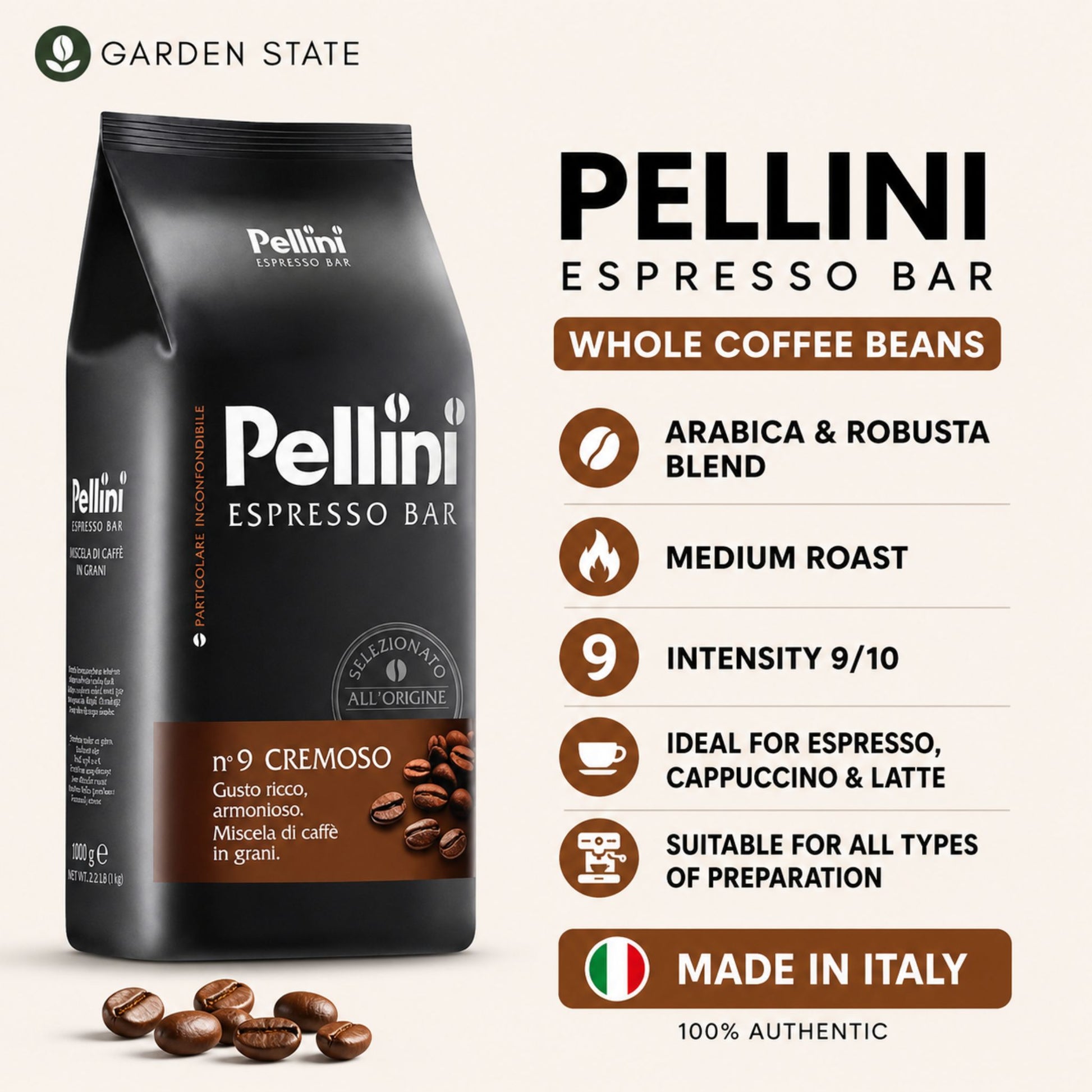 GardenState, Pellini Espresso Bar No. 9 Cremoso – 1kg whole coffee beans. Medium roast blend of Arabica and Robusta. Smooth, full-bodied Italian espresso with rich aroma and balanced flavour. Ideal for office or café use.