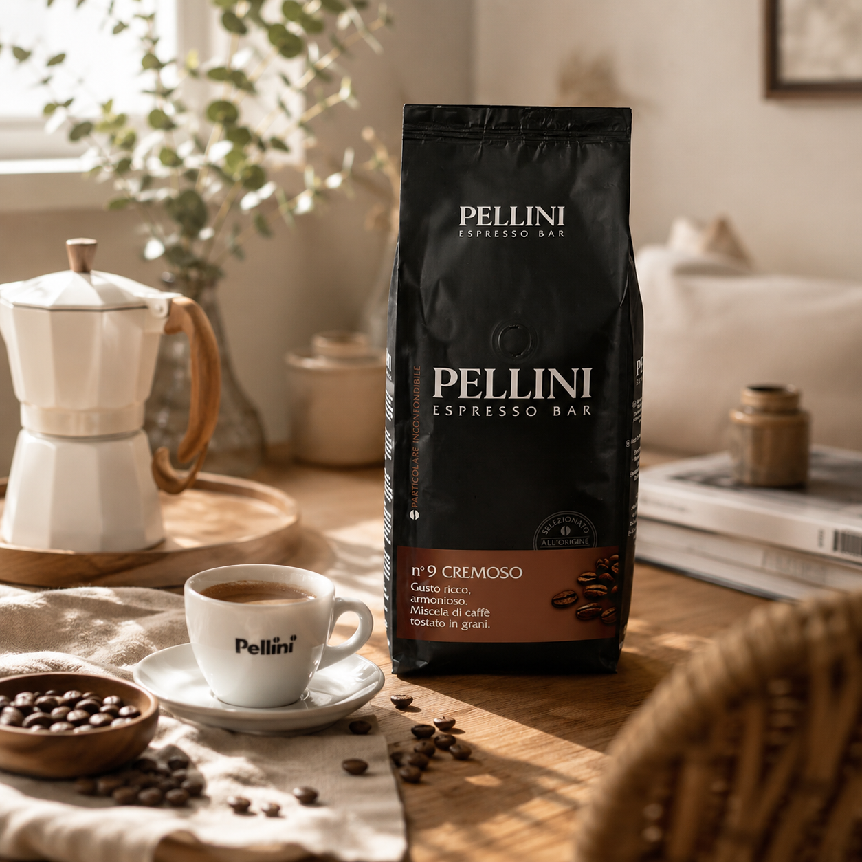 GardenState, Pellini Espresso Bar No. 9 Cremoso – 1kg whole coffee beans. Medium roast blend of Arabica and Robusta. Smooth, full-bodied Italian espresso with rich aroma and balanced flavour. Ideal for office or café use.