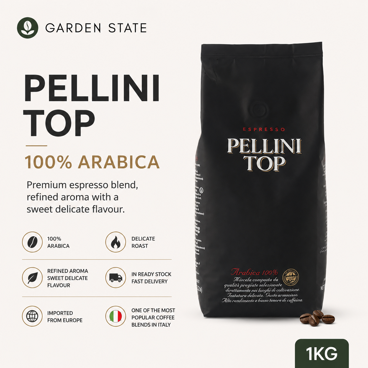 GardenState, Pellini Top Espresso – 1KG of 100% Arabica whole coffee beans with a delicate roast. Imported from Italy, perfect for cafés, restaurants, and businesses seeking premium espresso.