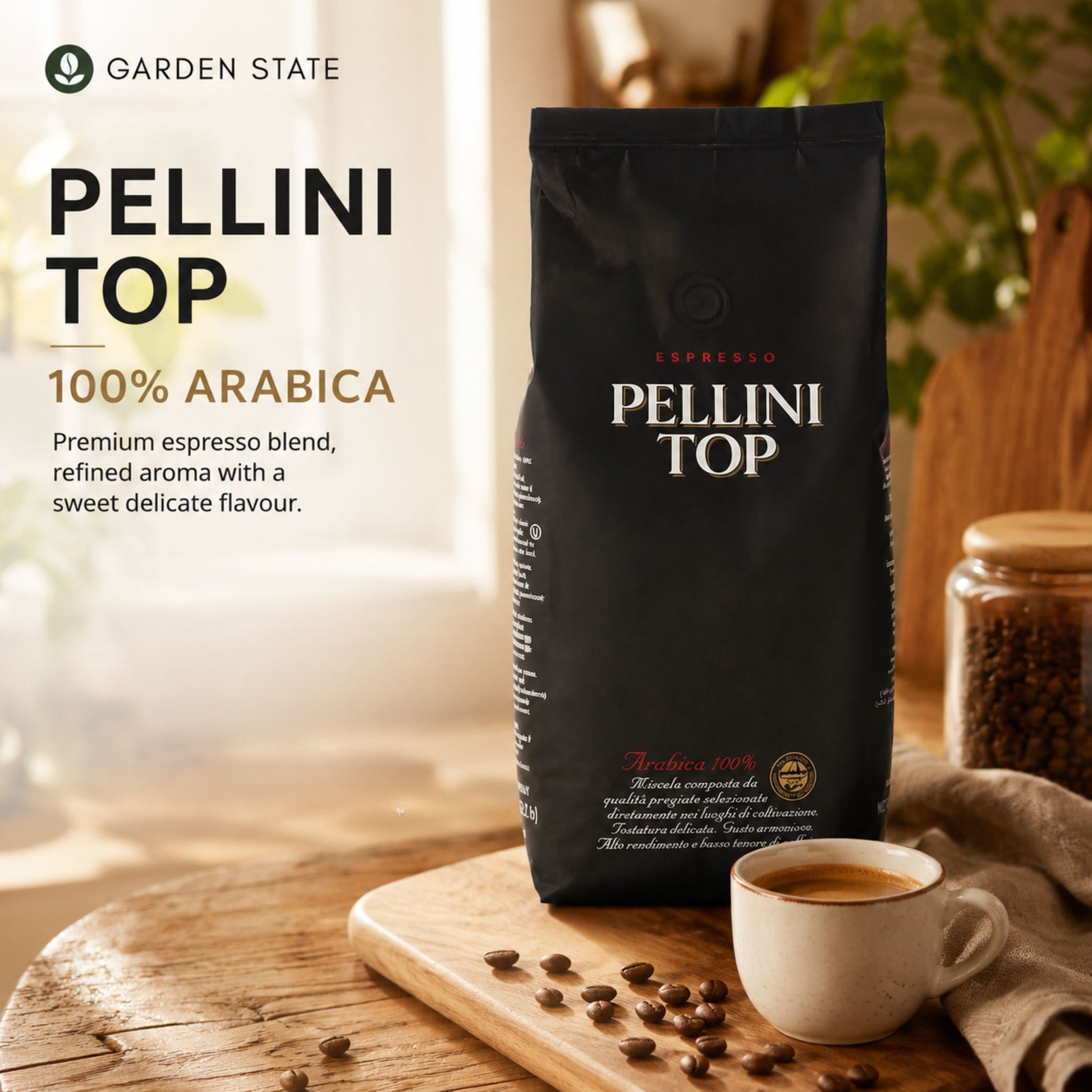 GardenState, Pellini Top Espresso – 1KG of 100% Arabica whole coffee beans with a delicate roast. Imported from Italy, perfect for cafés, restaurants, and businesses seeking premium espresso.