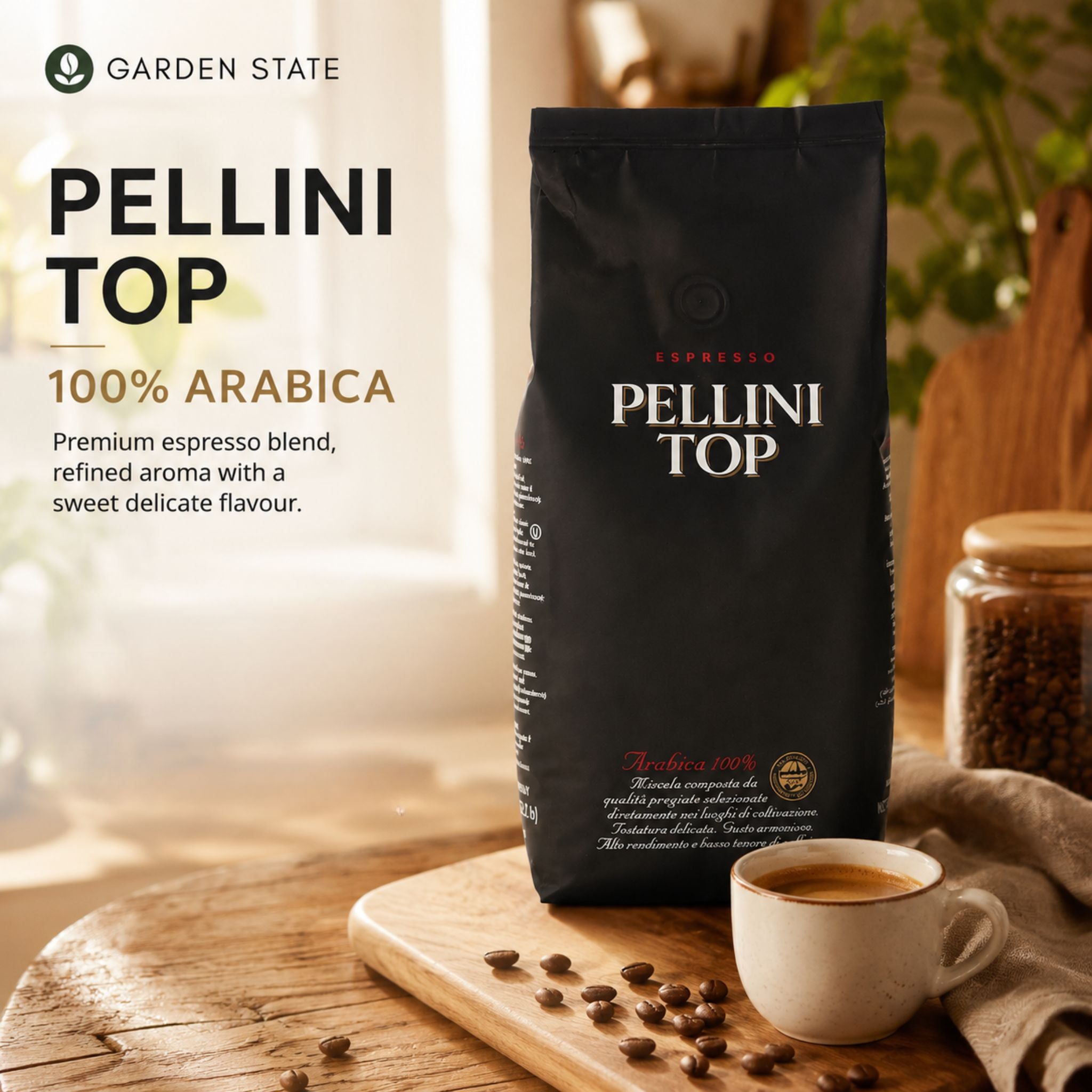 GardenState, Pellini Top Espresso – 1KG of 100% Arabica whole coffee beans with a delicate roast. Imported from Italy, perfect for cafés, restaurants, and businesses seeking premium espresso.