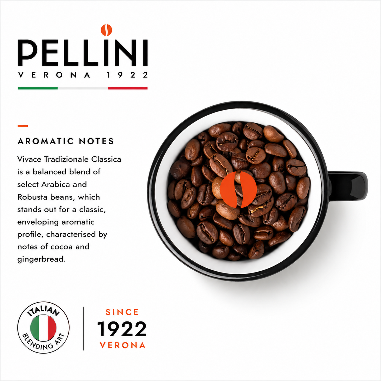 Pellini Verona 1922 Vivace Tradizionale whole coffee beans with cocoa and spice notes for espresso machines